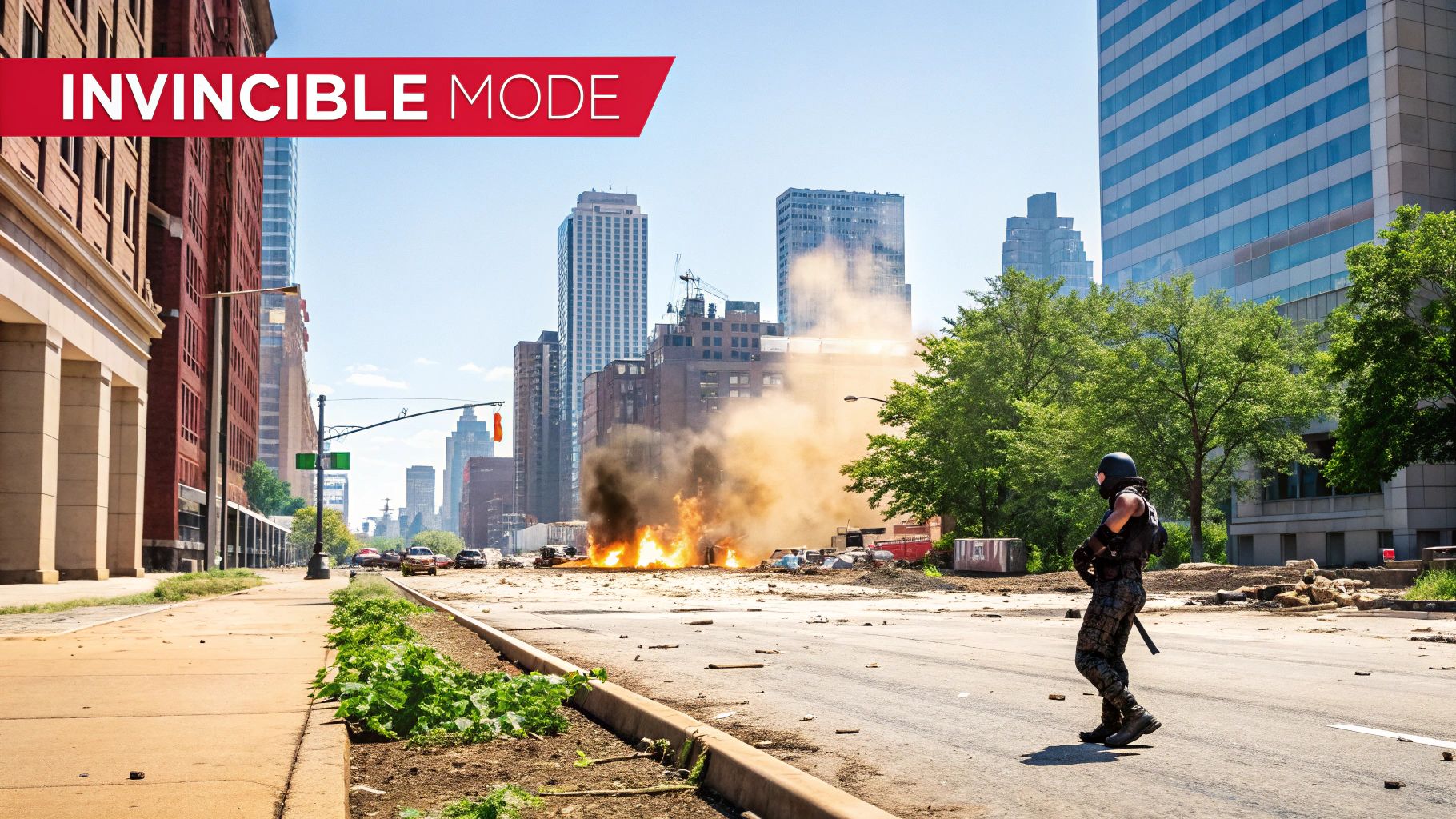 A tactical person walks past burning cars and debris in a city under 'Invincible Mode'.