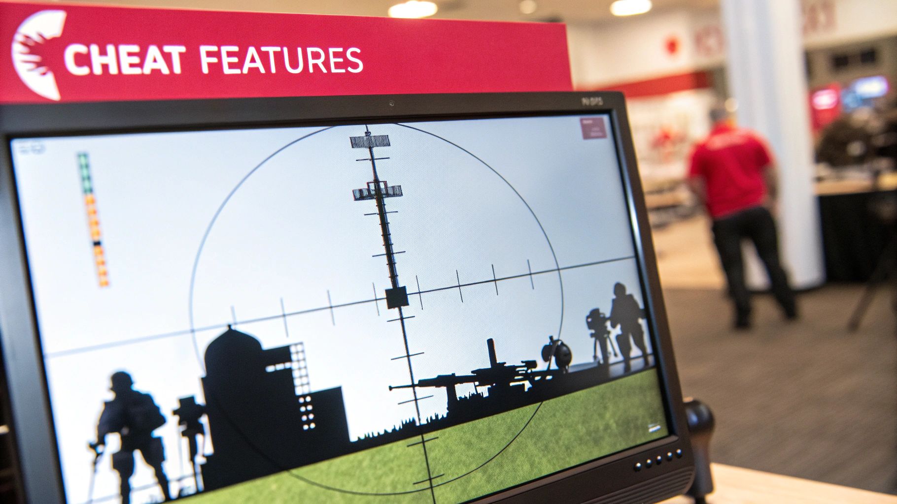 A computer monitor displays a sniper scope view with silhouettes of soldiers and buildings, under a 'CHEAT FEATURES' sign.