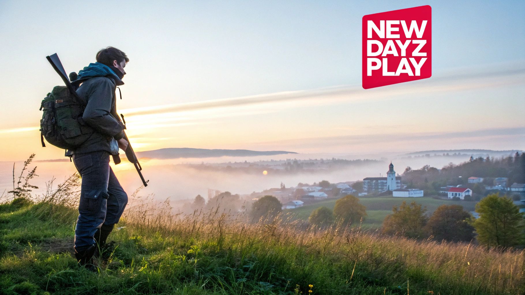 A person with a rifle and backpack overlooks a misty valley and village at sunrise.
