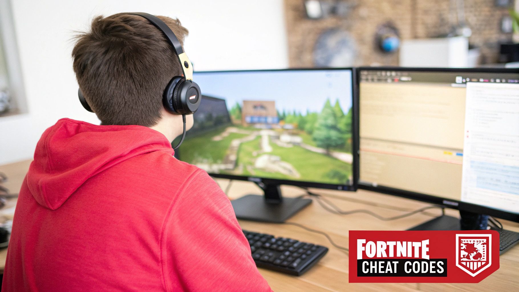 A person in a red hoodie and headphones from behind, intensely playing a Fortnite-like video game on a dual-monitor setup.