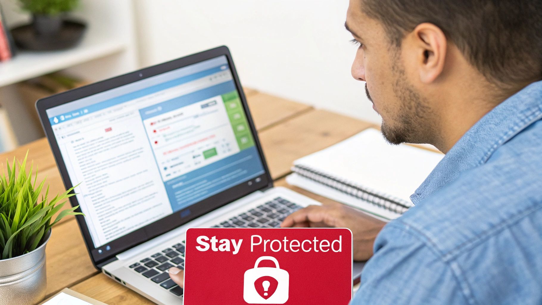 A man works on a laptop with a 'Stay Protected' sign and a security lock icon in the foreground.