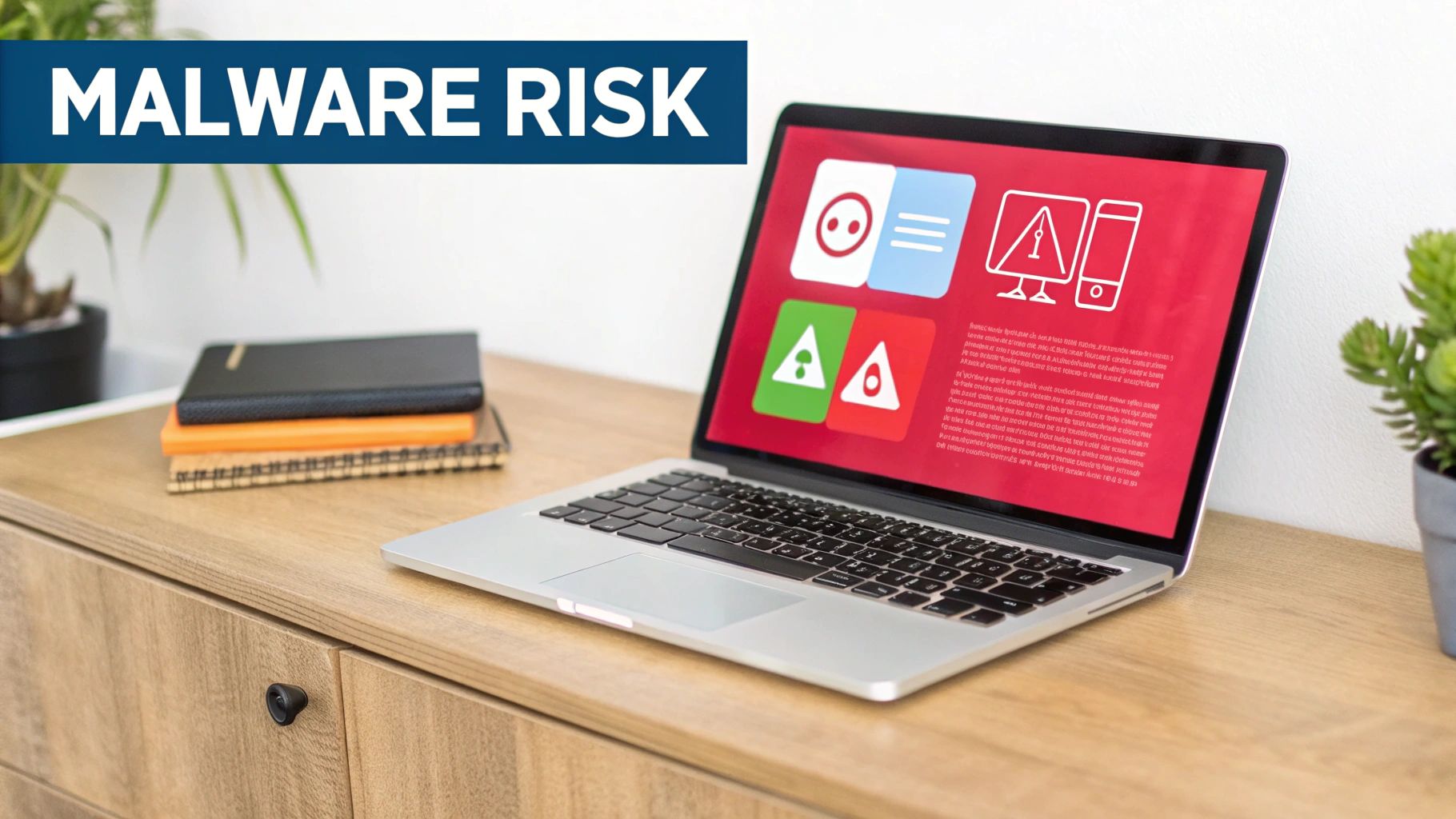 Laptop displaying a red screen with security warning icons and 'MALWARE RISK' text, on a wooden desk.