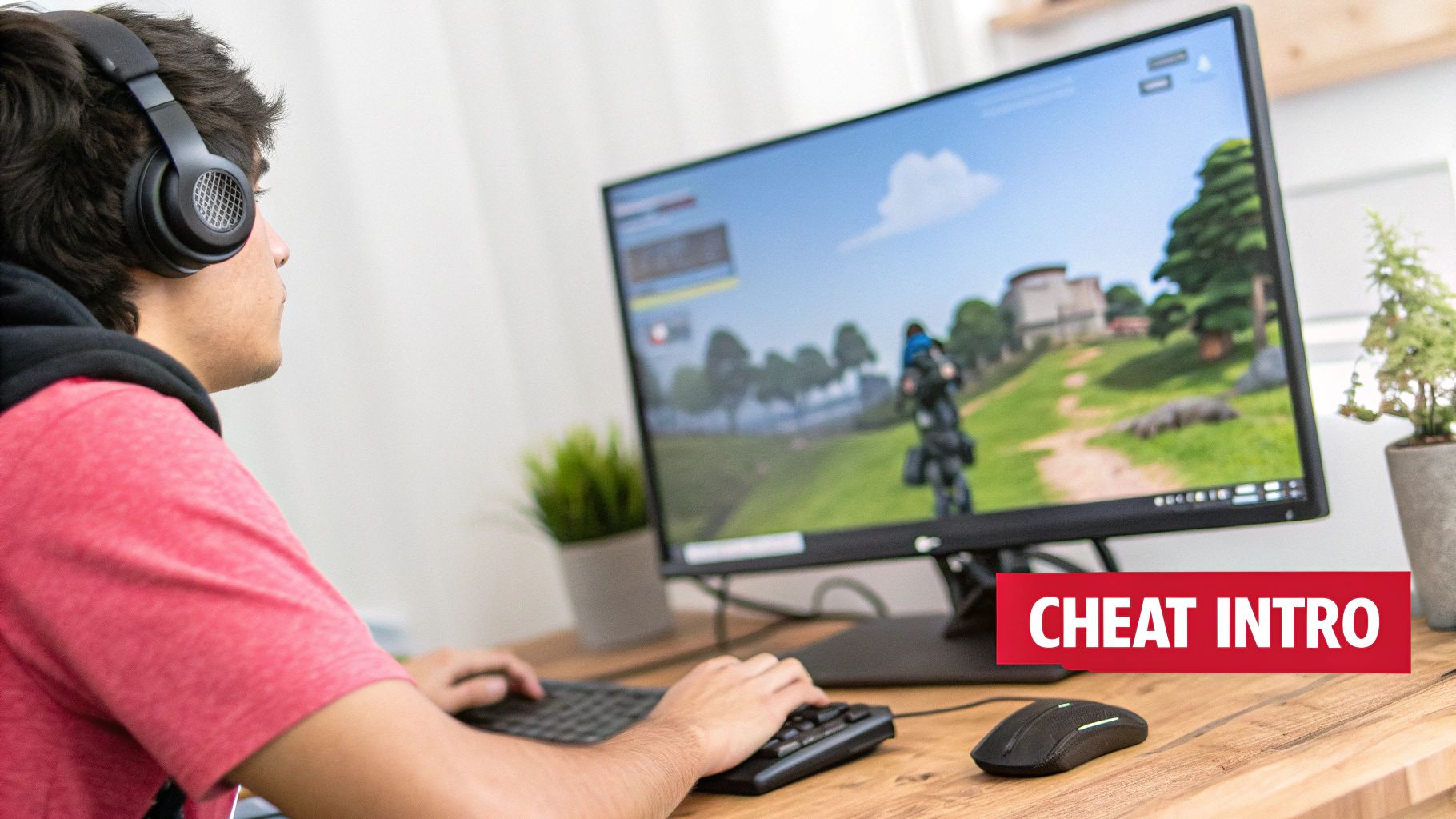A young man wearing headphones intensely plays a video game on a desktop computer.
