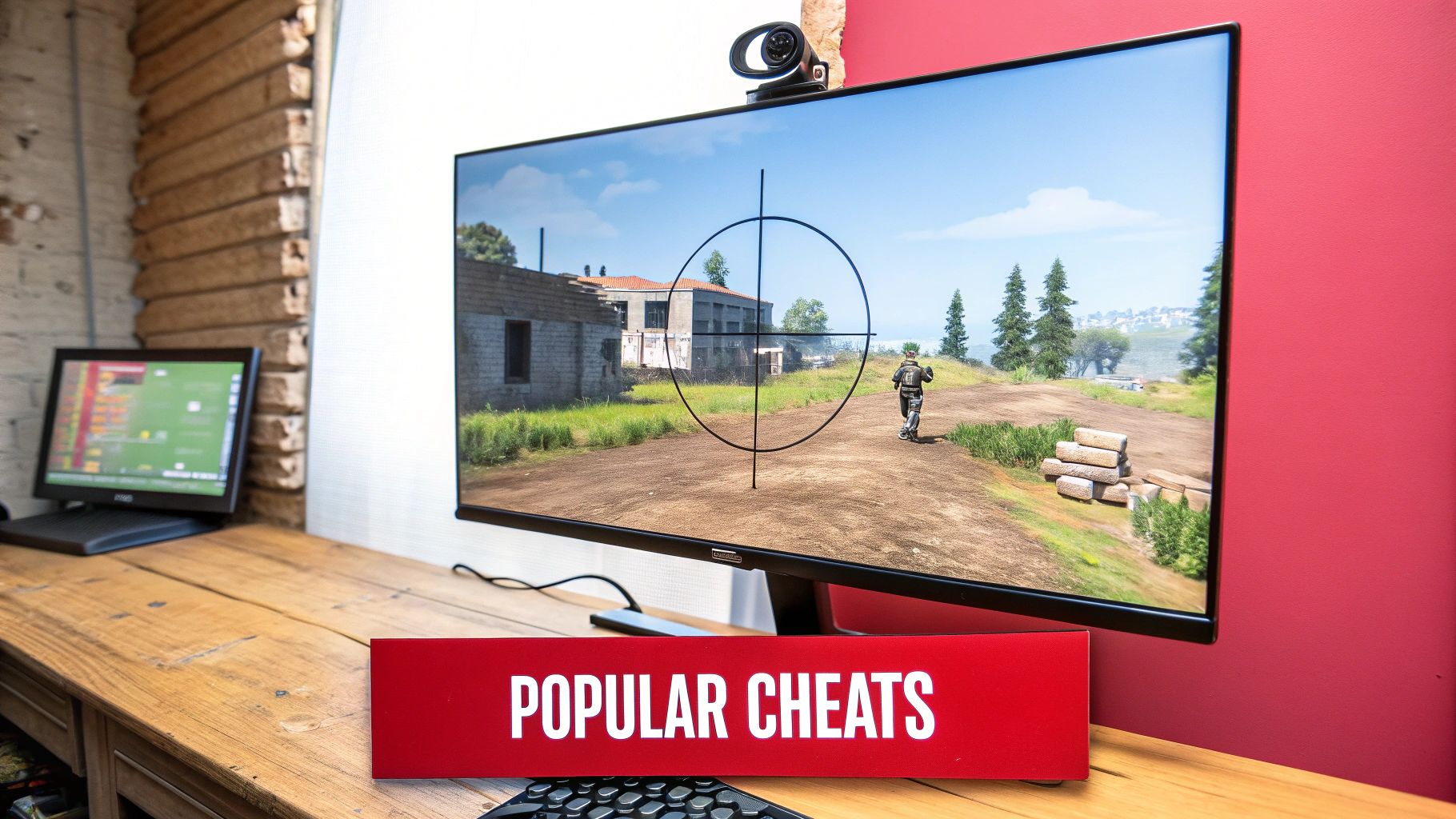 A gaming setup featuring a monitor displaying a shooter game, a webcam, and a 'POPULAR CHEATS' sign.