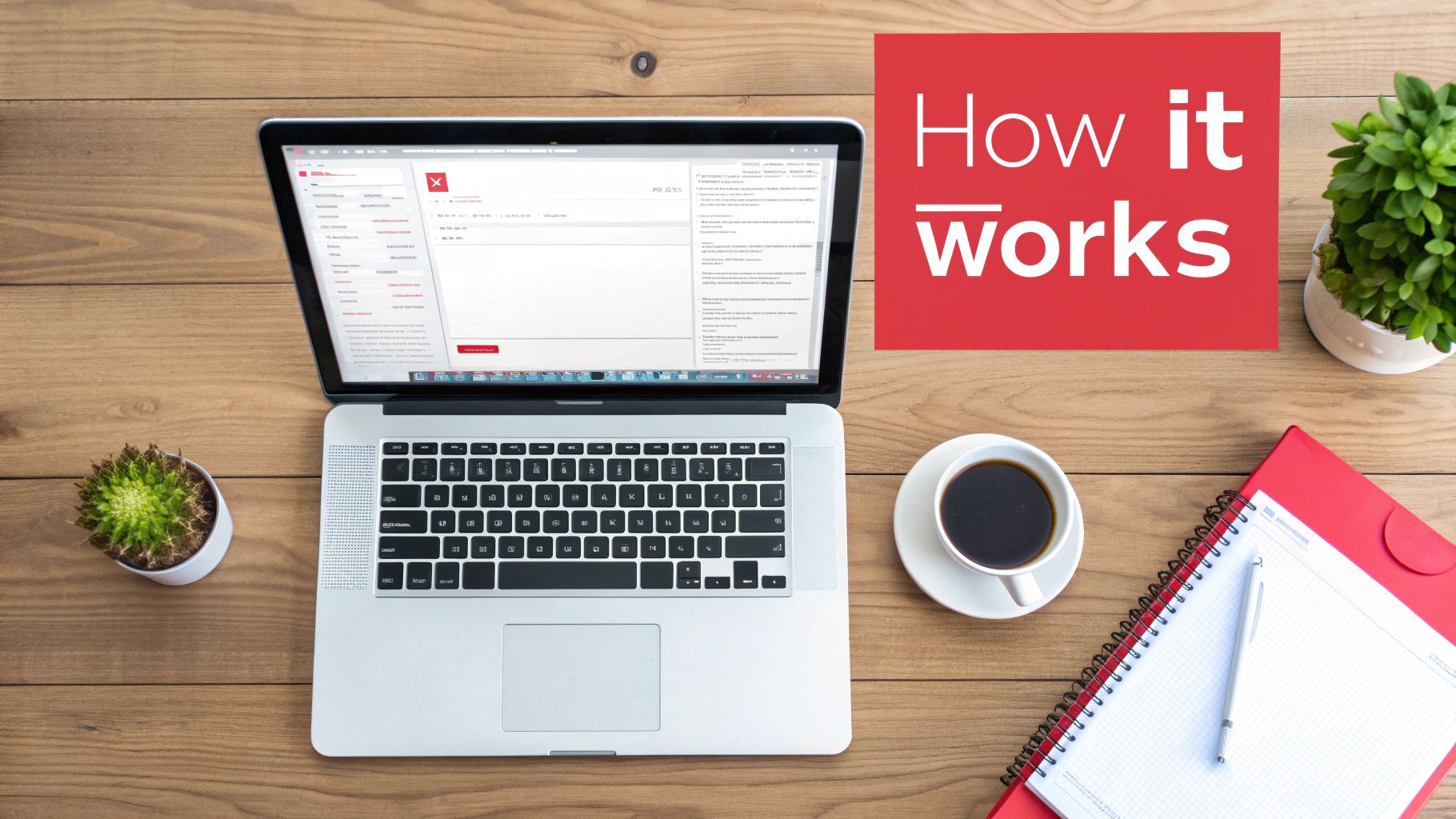 Overhead view of a laptop, coffee, plant, and notebook on a wooden desk with 'How it works' text.