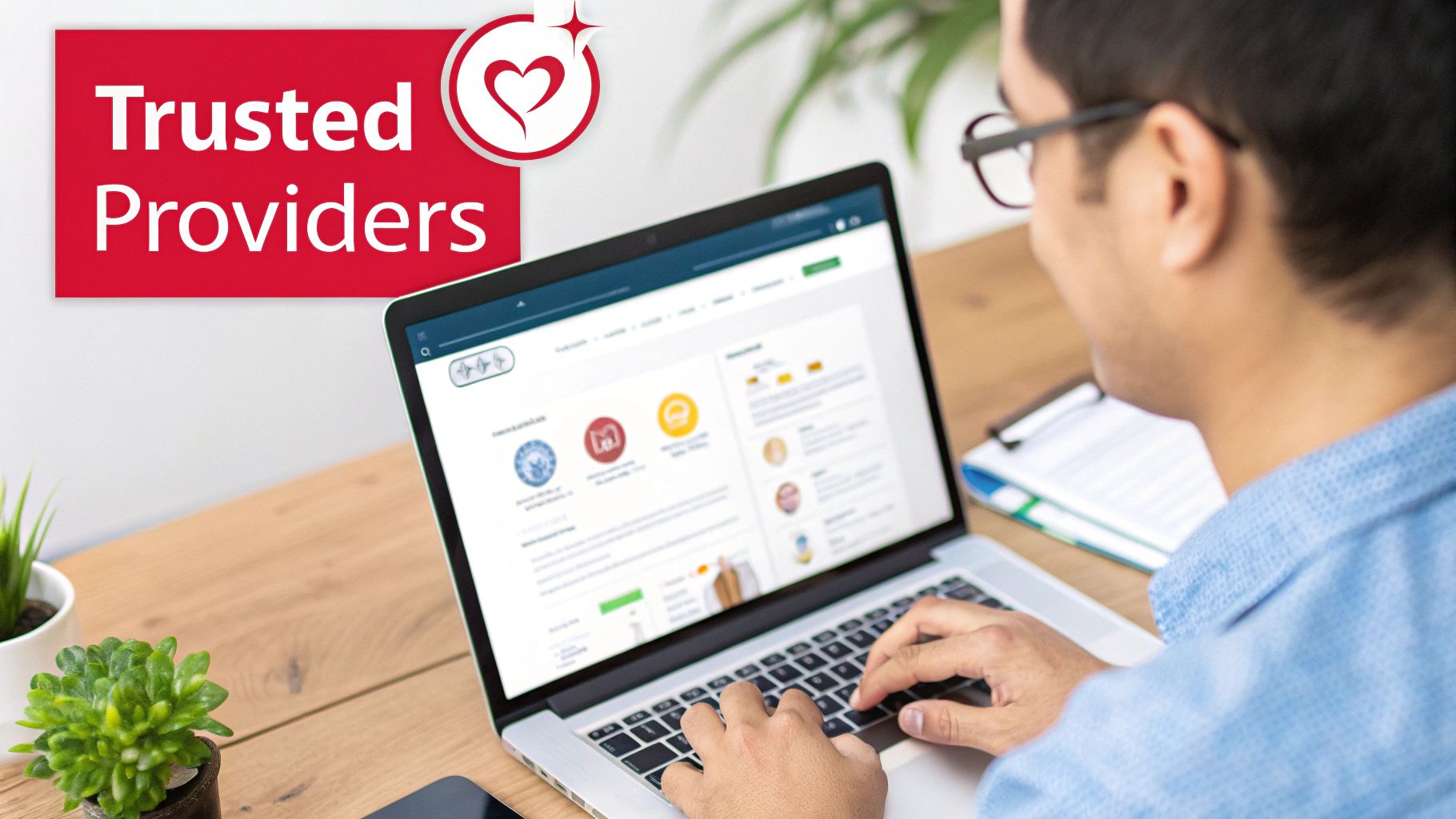 A person views a 'Trusted Providers' website on a laptop, showing various service options and icons.