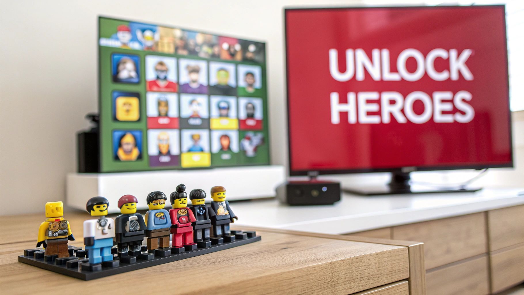 A row of colorful Lego minifigures in the foreground, with two TVs displaying game content in the background.