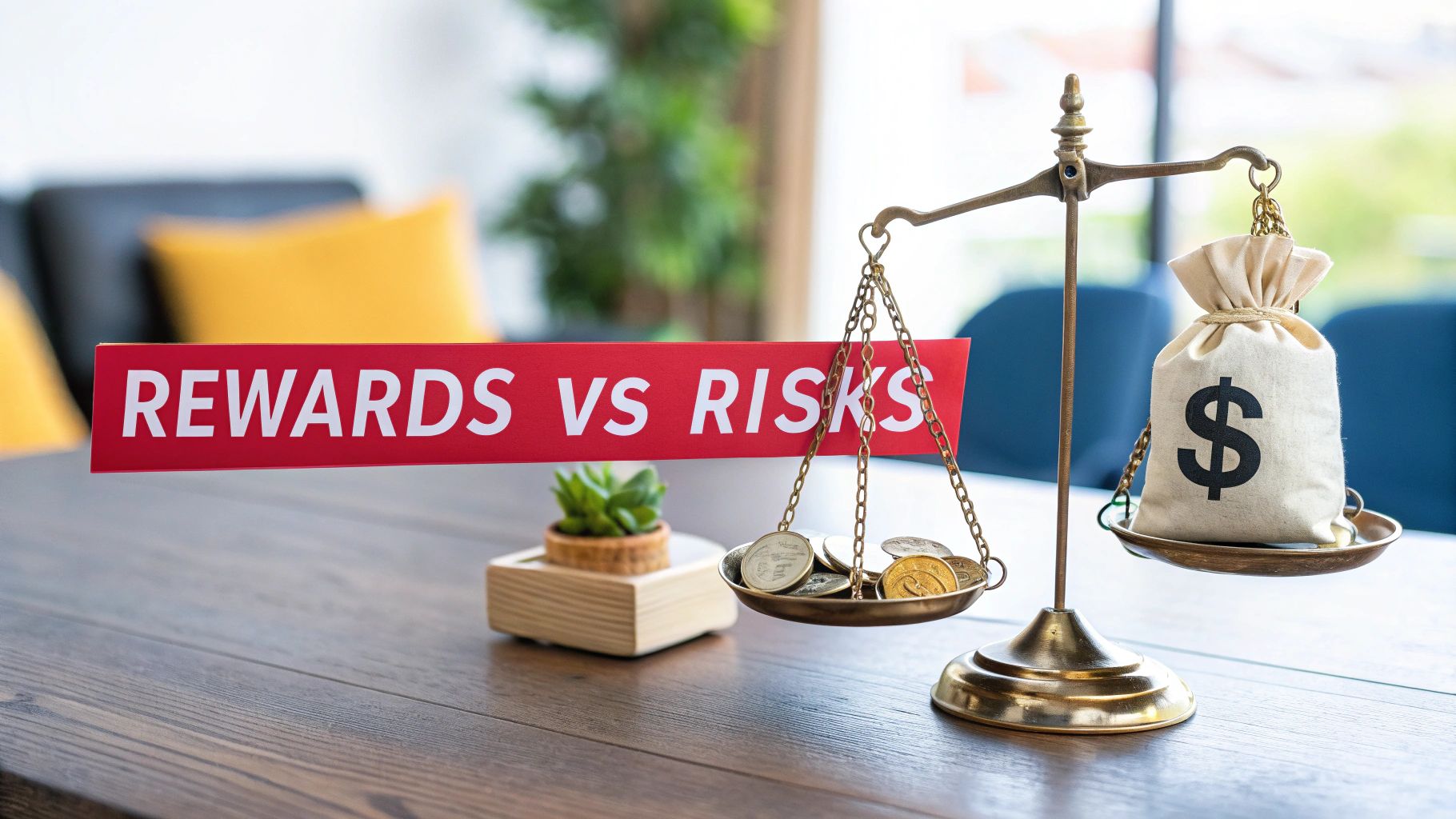 A balance scale compares monetary rewards (dollar bag) to risks (coins) next to a 'REWARDS VS RISKS' sign.
