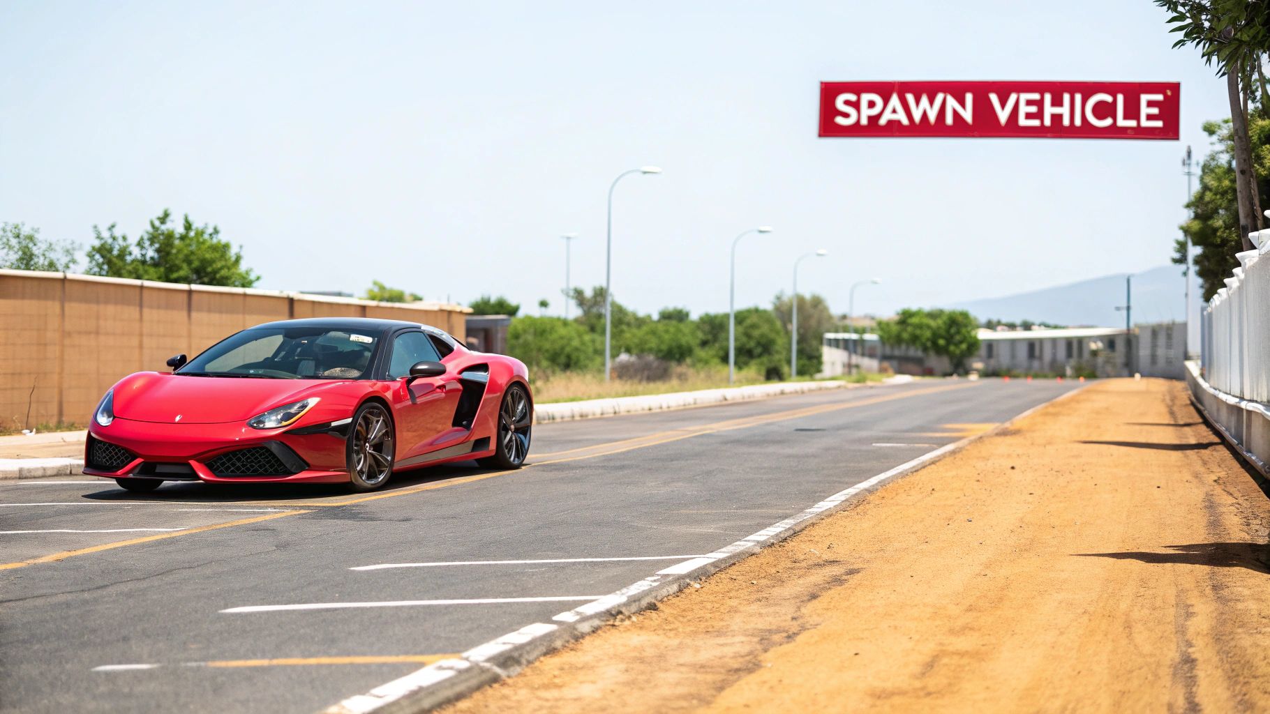 A bright red sports car is parked on an asphalt road beneath a red 'SPAWN VEHICLE' sign.