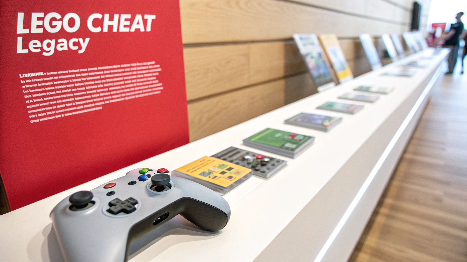A display featuring a red 'LEGO CHEAT Legacy' sign, a grey game controller, and game cases.