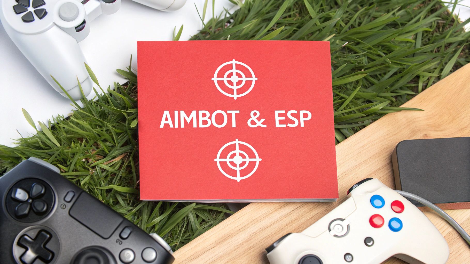 Gaming setup with controllers, artificial grass, and a red notebook about aimbot and ESP.