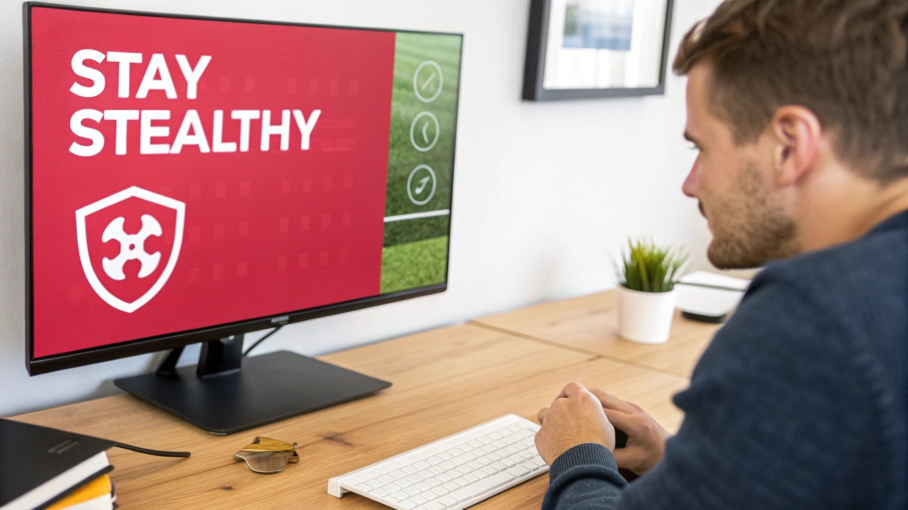 A man sits at a desk, looking at a computer monitor displaying 'Stay Stealthy' and a shield logo.