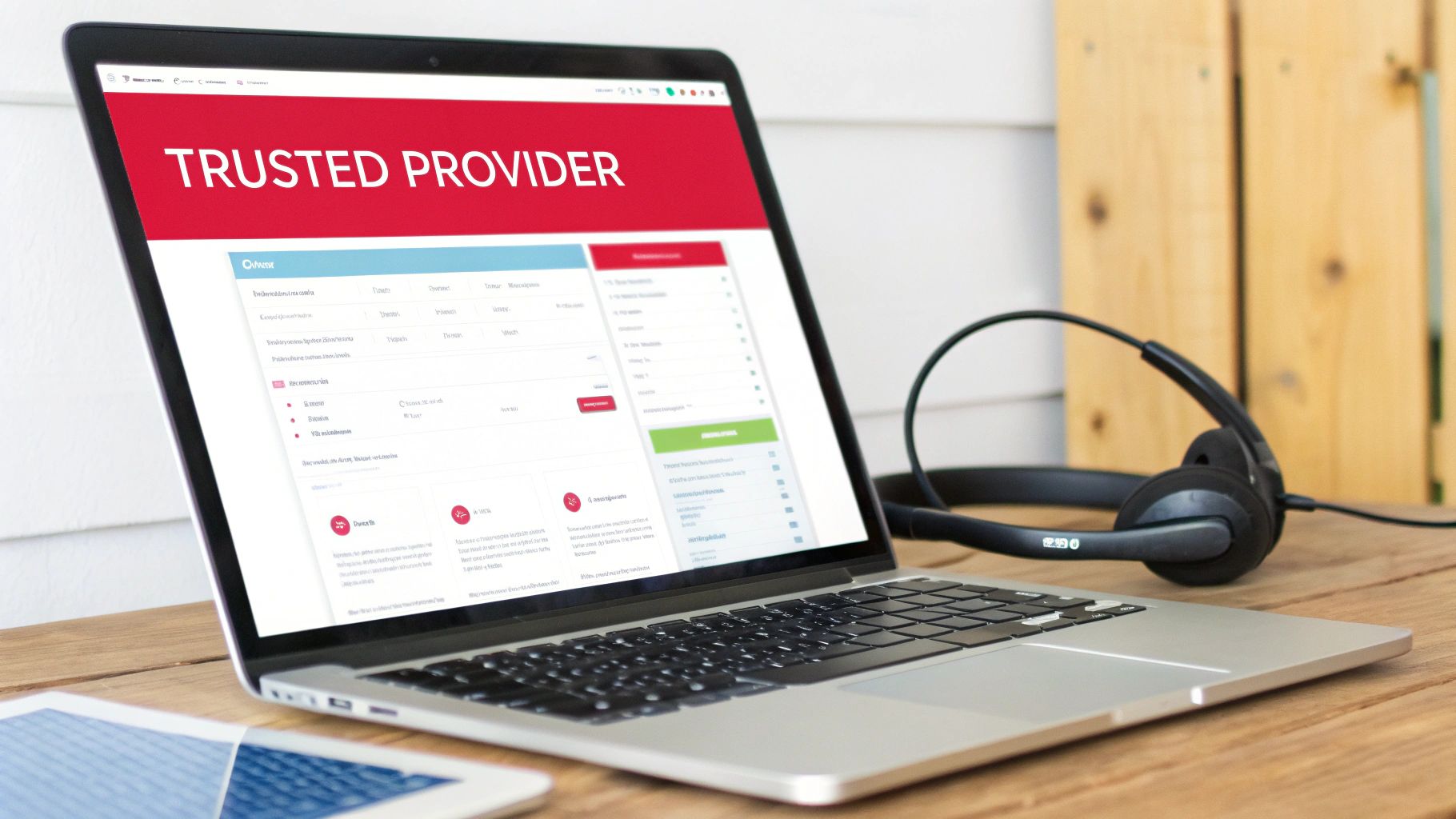 A laptop screen prominently displays 'TRUSTED PROVIDER' text, with black headphones resting on a wooden desk.