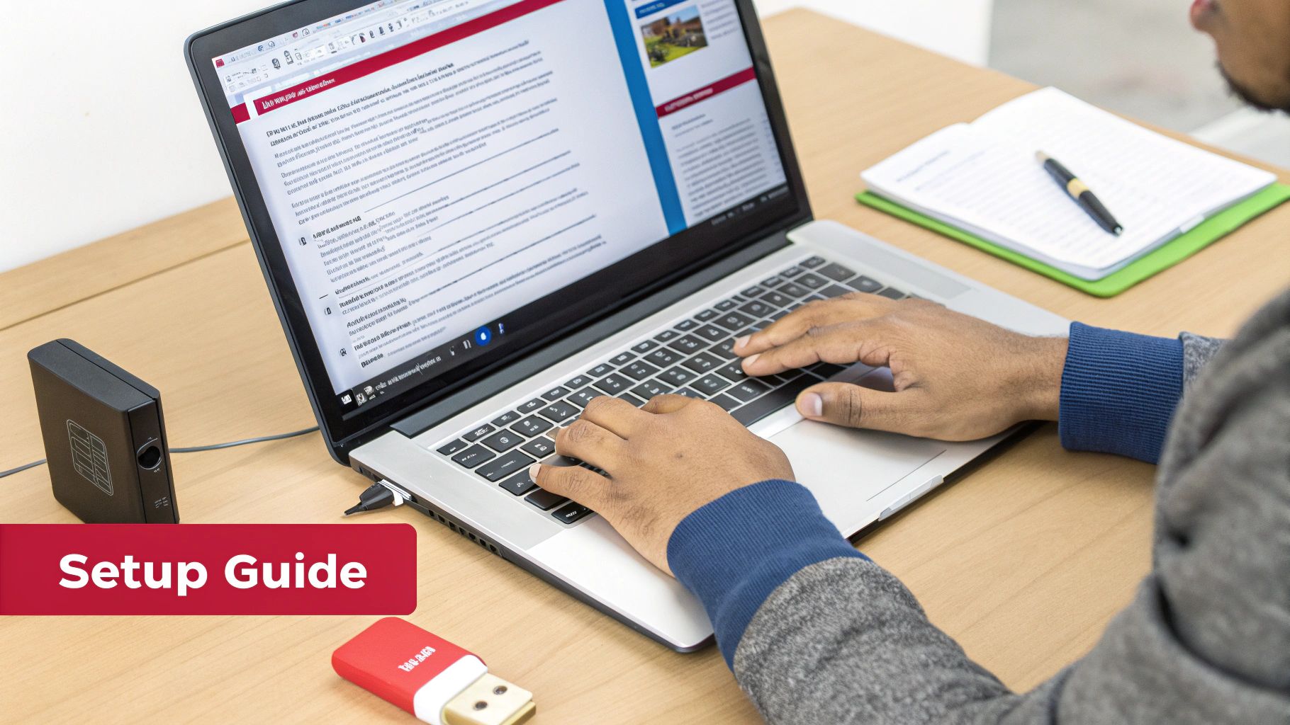 A person types on a silver laptop with an external hard drive and USB drive on a wooden desk, showing a setup guide.