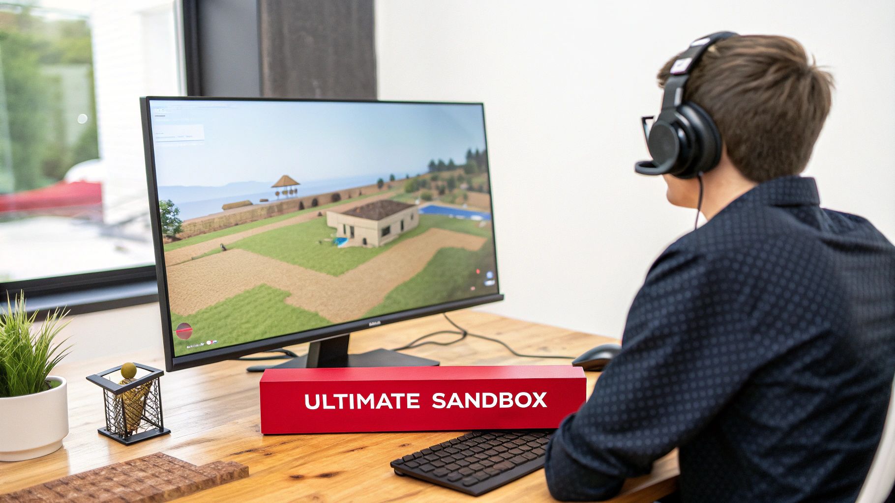 A person wearing headphones, engrossed in playing the "Ultimate Sandbox" game on a computer monitor.