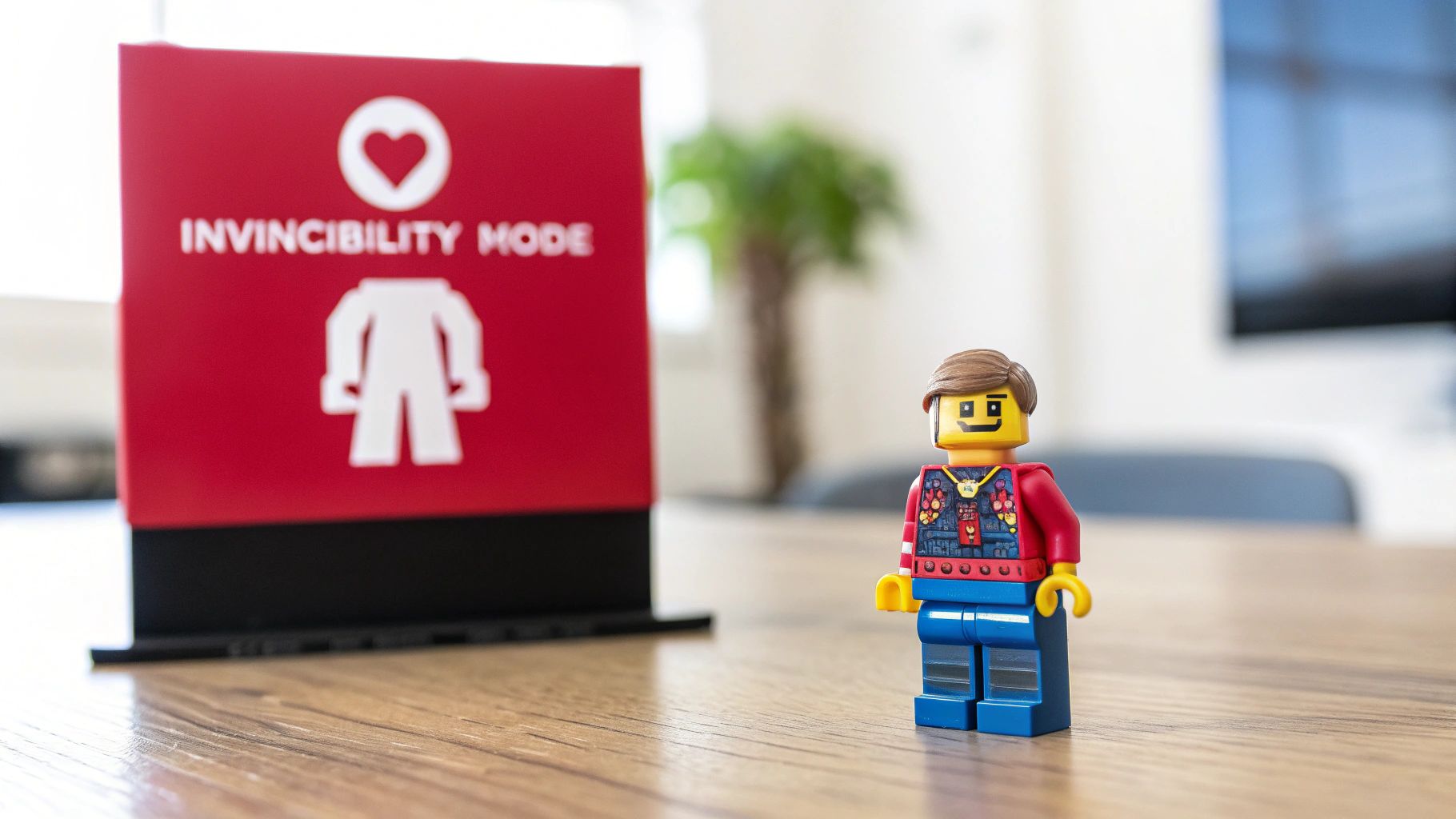 A LEGO minifigure with a patterned shirt stands next to a red 'Invincibility Mode' sign on a wooden table.