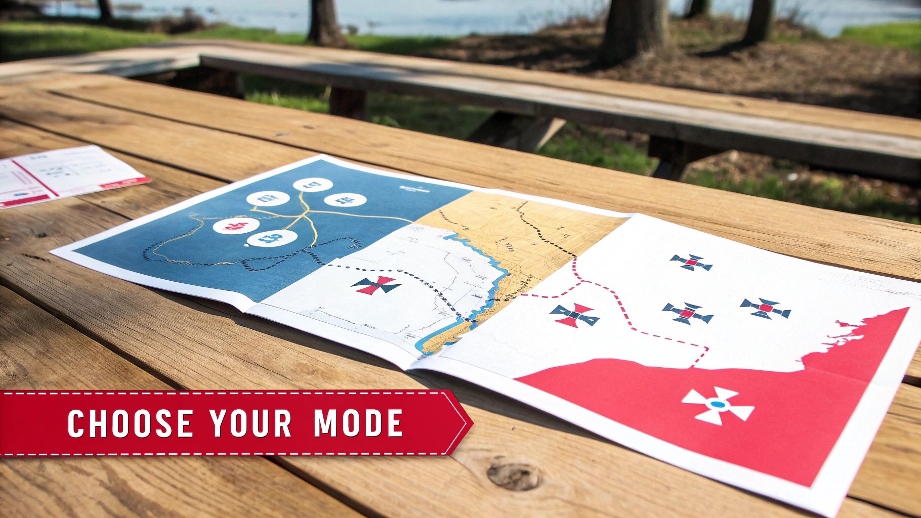 A colorful map with routes, symbols, and 'CHOOSE YOUR MODE' text lies open on a wooden picnic table outdoors.