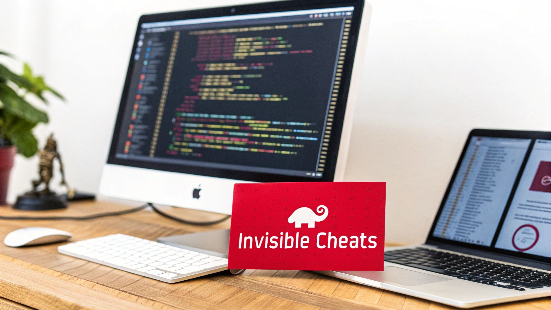 A modern desk setup with an iMac displaying code, a MacBook, and a red 'Invisible Cheats' card.