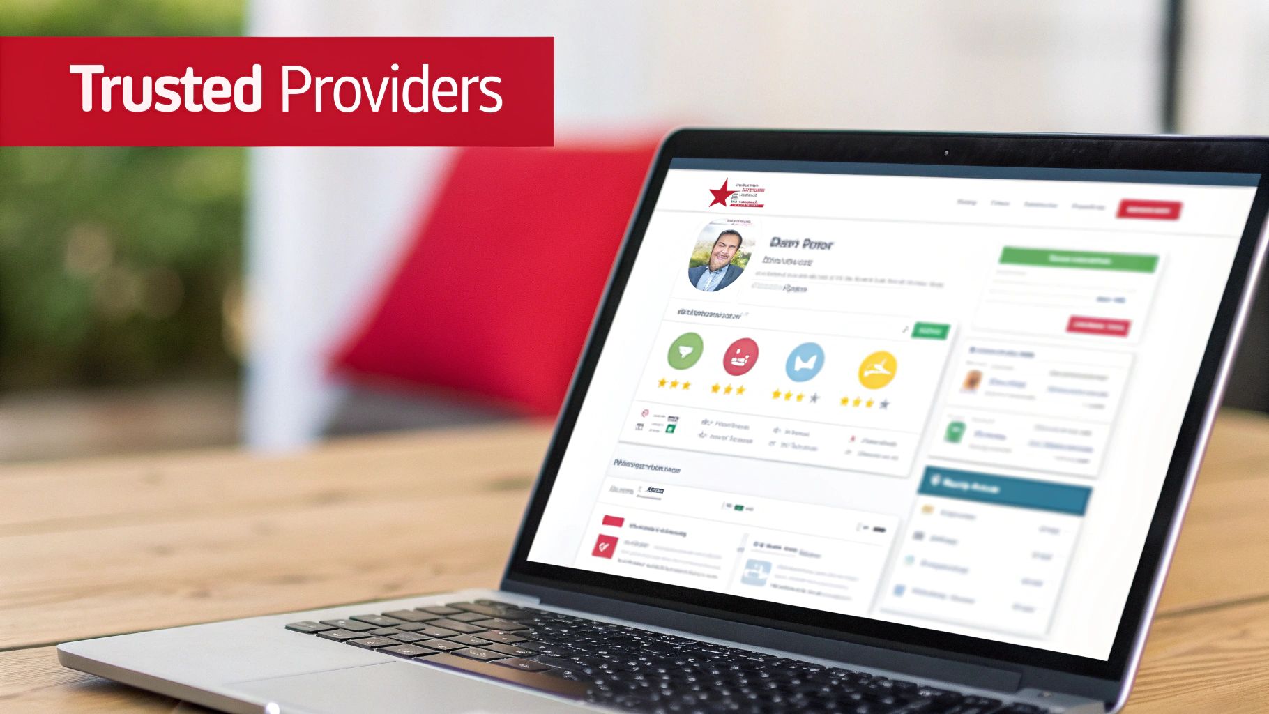 A laptop screen displays a trusted provider's online profile with user ratings and details on a wooden desk.
