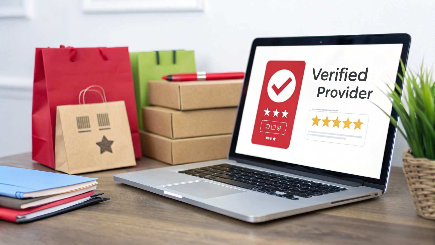 Laptop displaying 'Verified Provider' with stars, surrounded by shopping bags, boxes, and notebooks.