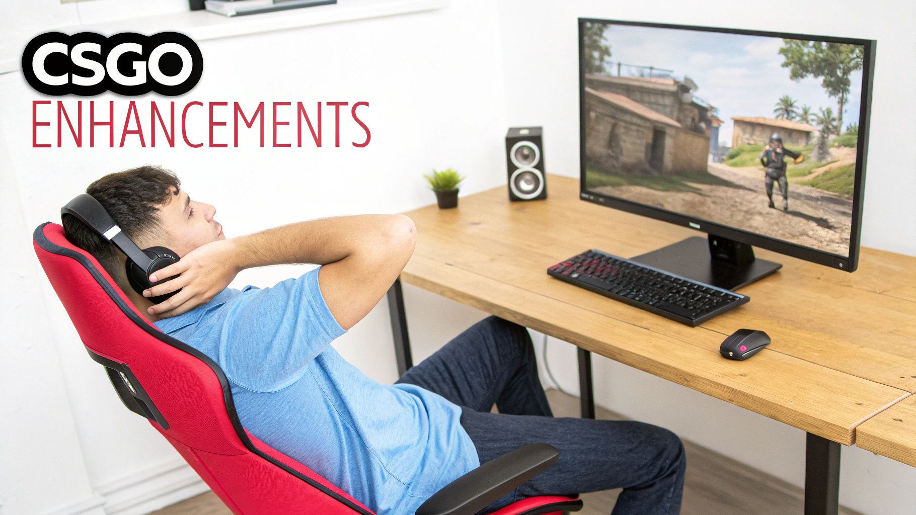 Person relaxing in a red gaming chair with headphones, looking at a CSGO game on a monitor.