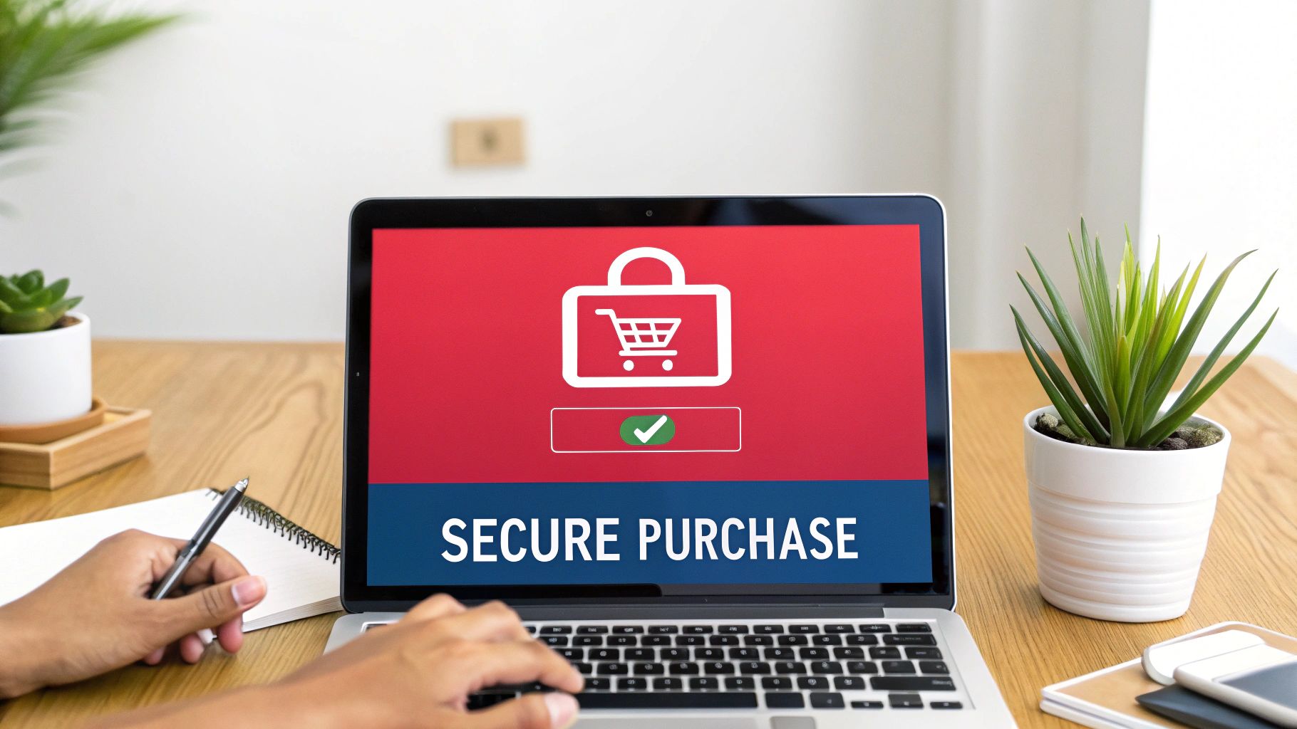 Hands using a laptop showing a secure online purchase screen with a shopping bag icon.