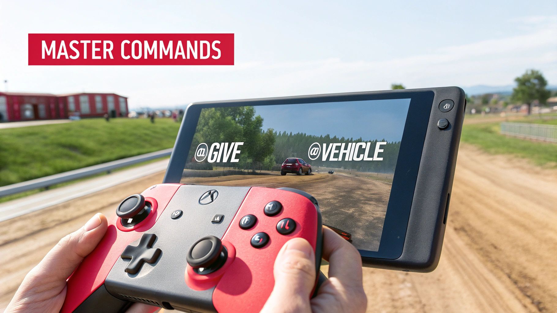 Hands holding a game controller attached to a tablet displaying a racing game with 'MASTER COMMANDS' text.