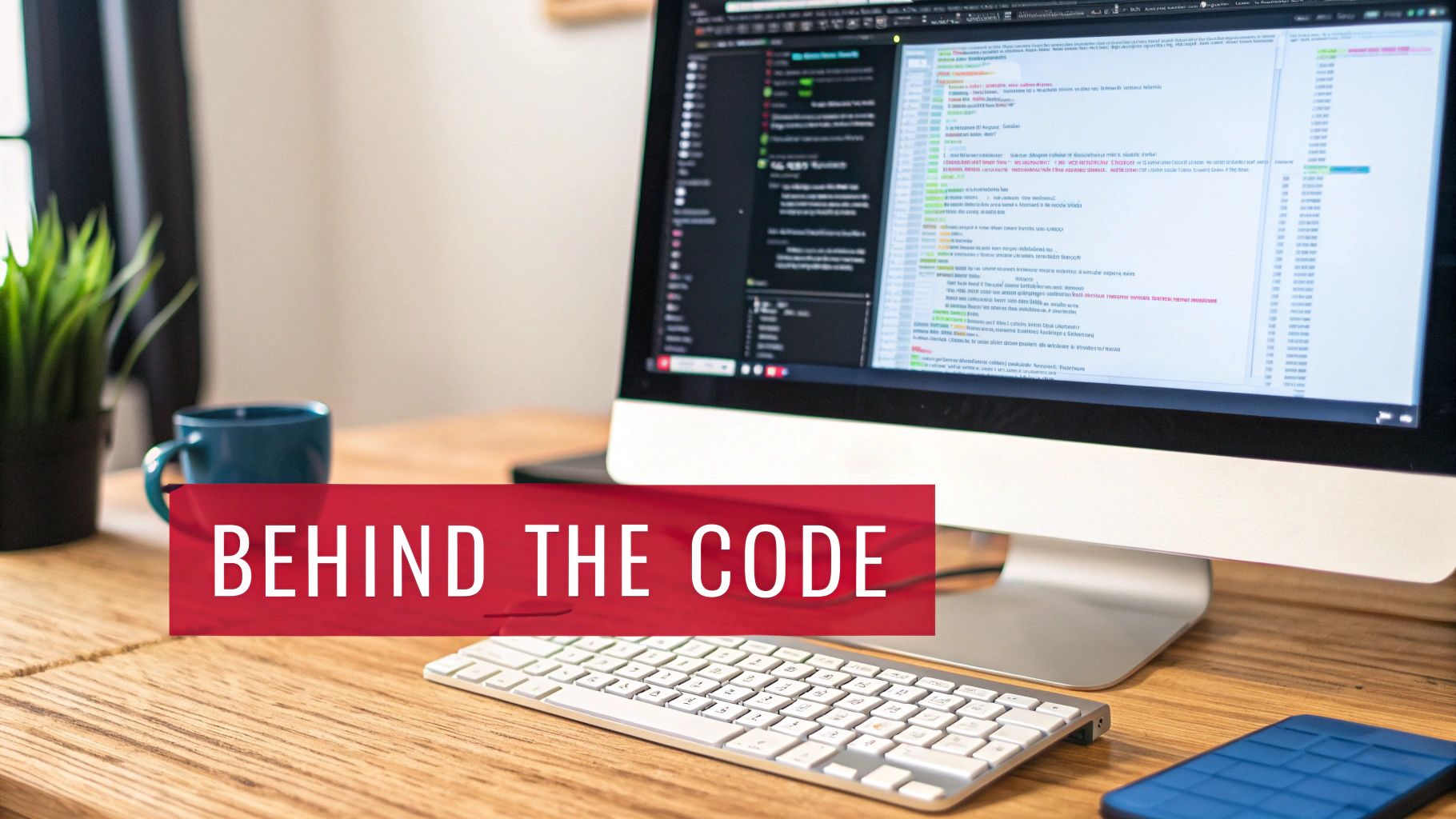 A computer screen displays code on a wooden desk with a keyboard, plant, and mug, captioned 'BEHIND THE CODE'.