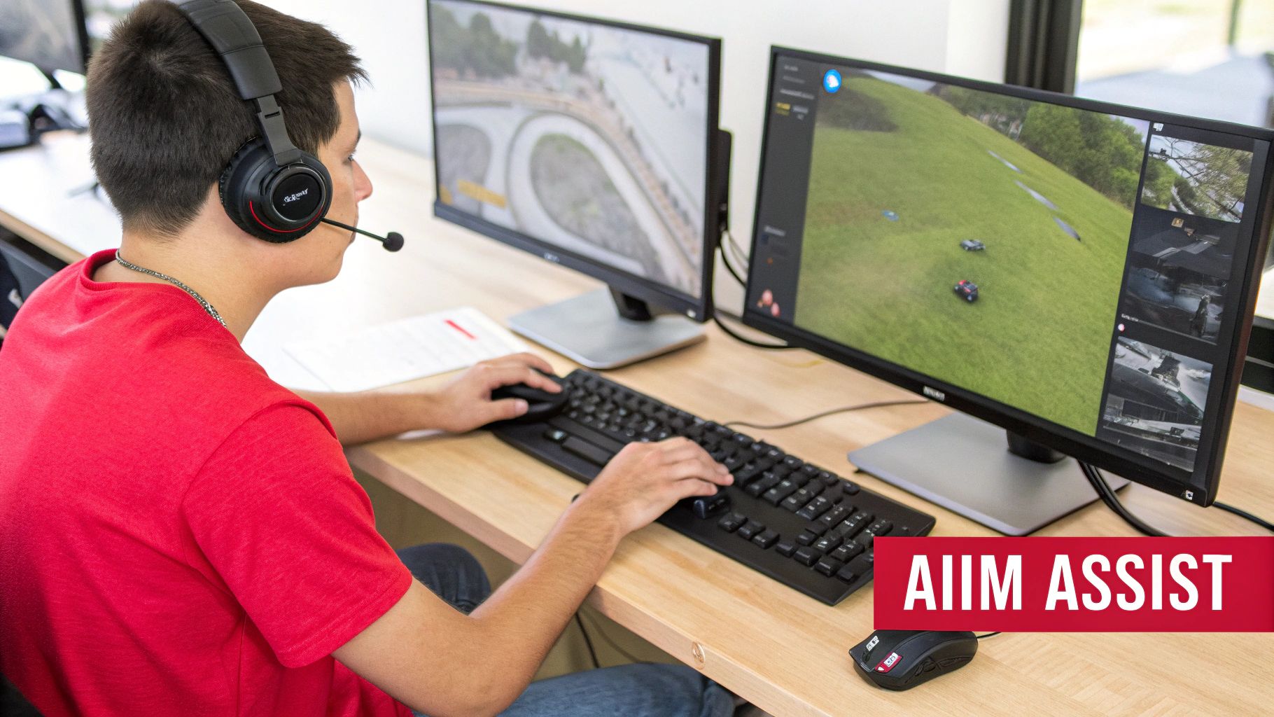 Person with headset and microphone actively controlling drones or a simulation on two monitors.