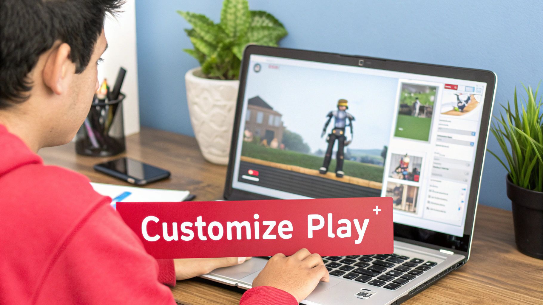 A person uses a laptop to customize an online game, holding a 'Customize Play' banner.