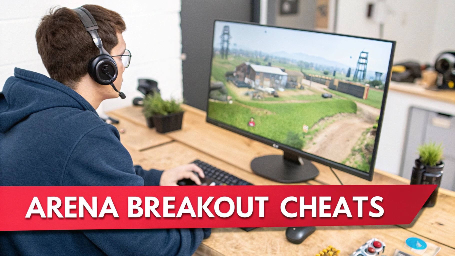 A person wearing a headset plays Arena Breakout on a monitor, using a keyboard and mouse.