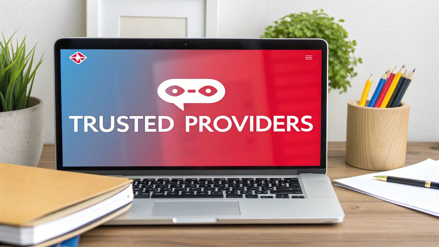 A modern workspace with a laptop displaying 'TRUSTED PROVIDERS' and a masked icon, surrounded by office supplies.