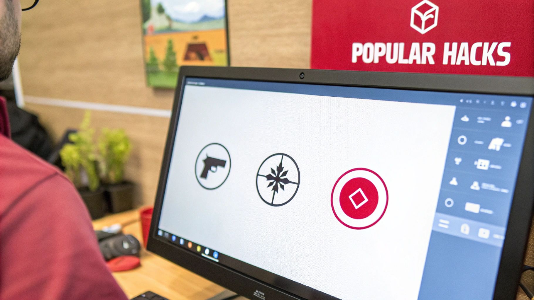 Person viewing a computer monitor with gun, target, and diamond icons, beside a 'Popular Hacks' banner.