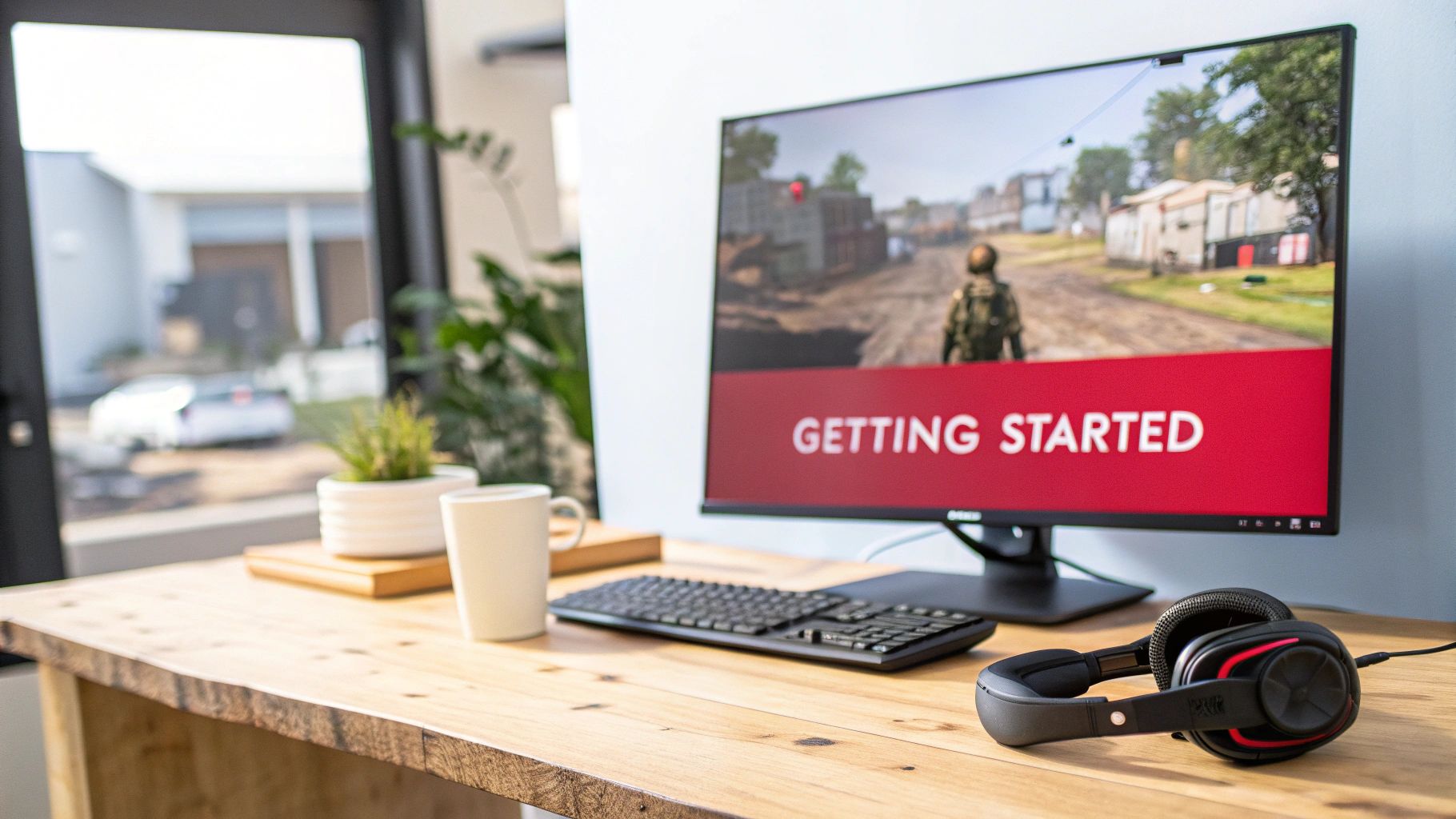 A gaming setup on a wooden desk with a monitor displaying a game and 'GETTING STARTED', a keyboard, and headphones.