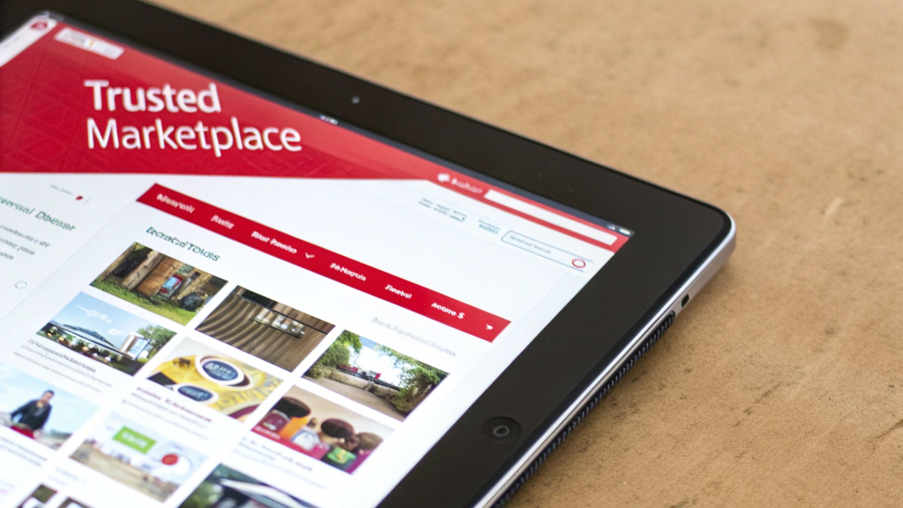 An iPad displaying a 'Trusted Marketplace' website with various product listings on a brown surface.