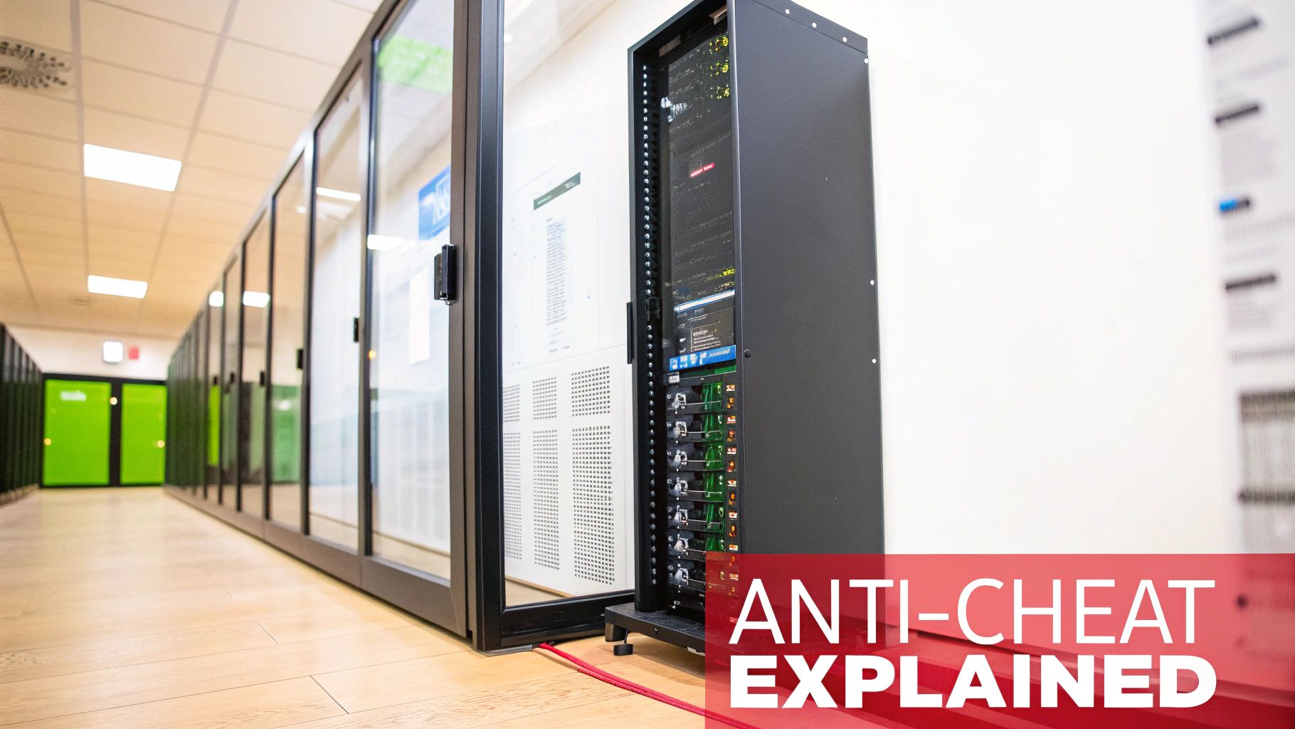 Modern server room with rows of server racks, one open, and an 'Anti-Cheat Explained' text overlay.
