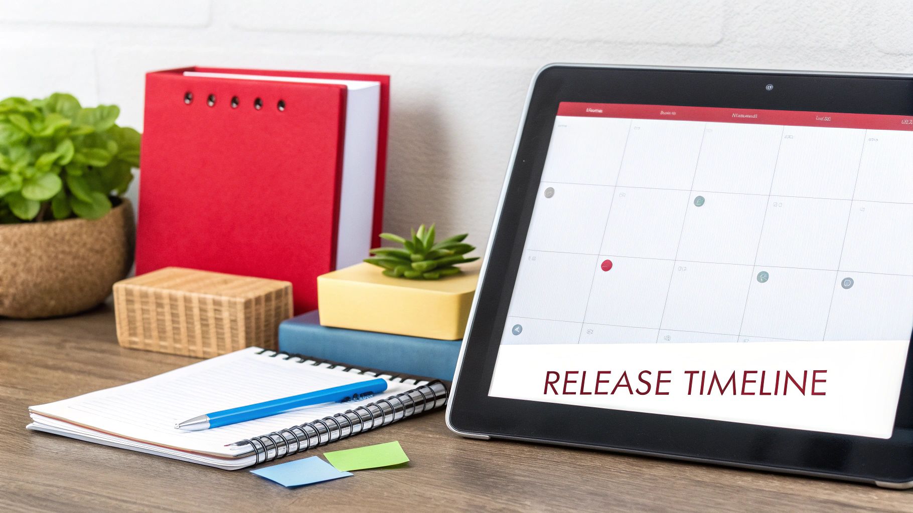 A tablet on a wooden desk displays a calendar with a 'RELEASE TIMELINE' message, next to a notebook and potted plant.