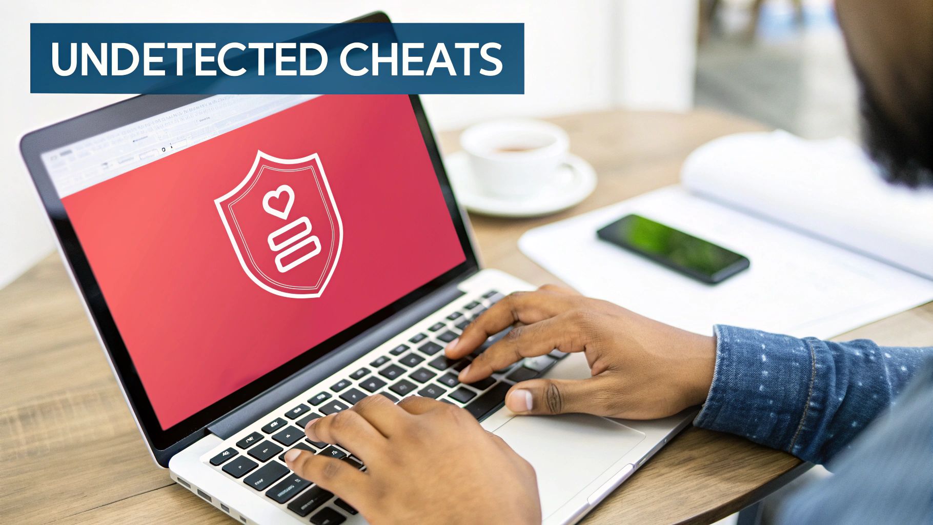 Close-up of a person typing on a laptop with a shield icon and 'UNDETECTED CHEATS' displayed.