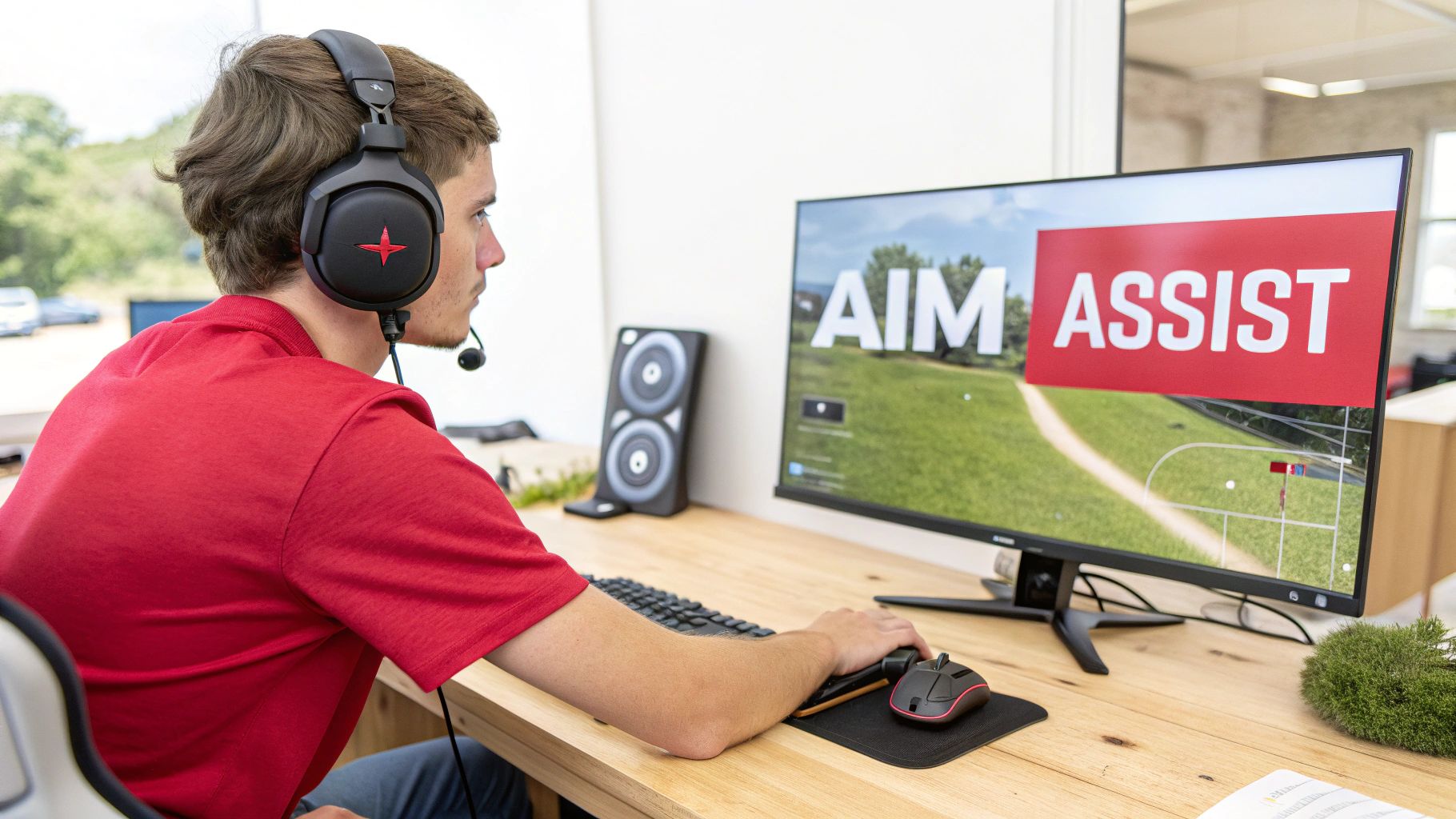 Young man wearing a gaming headset playing a video game on a monitor displaying 'AIM ASSIST'.