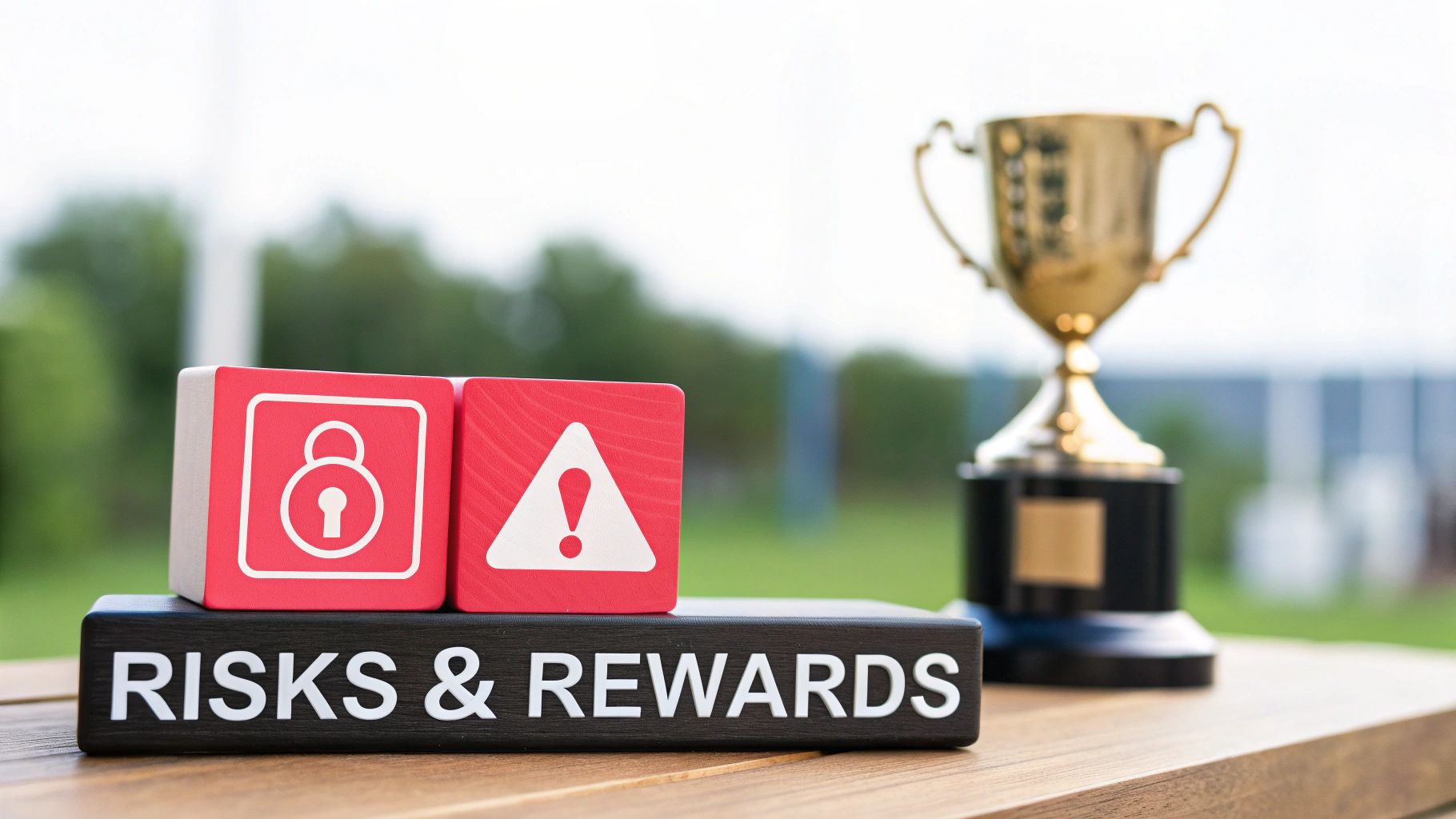 Red blocks with lock and warning icons above 'RISKS & REWARDS' text, with a blurred trophy.