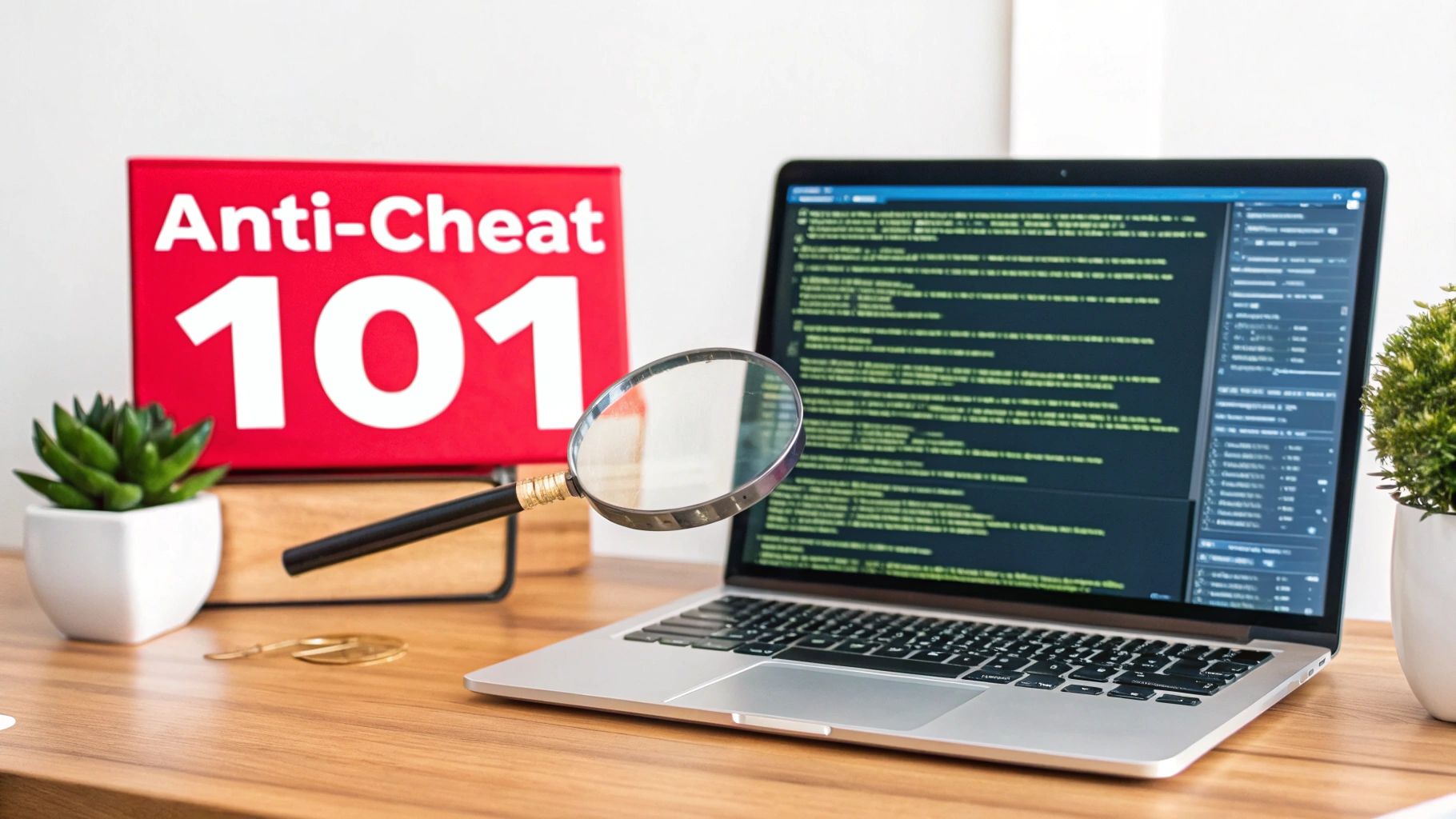 A magnifying glass inspects code on a laptop next to an 'Anti-Cheat 101' sign, symbolizing integrity.