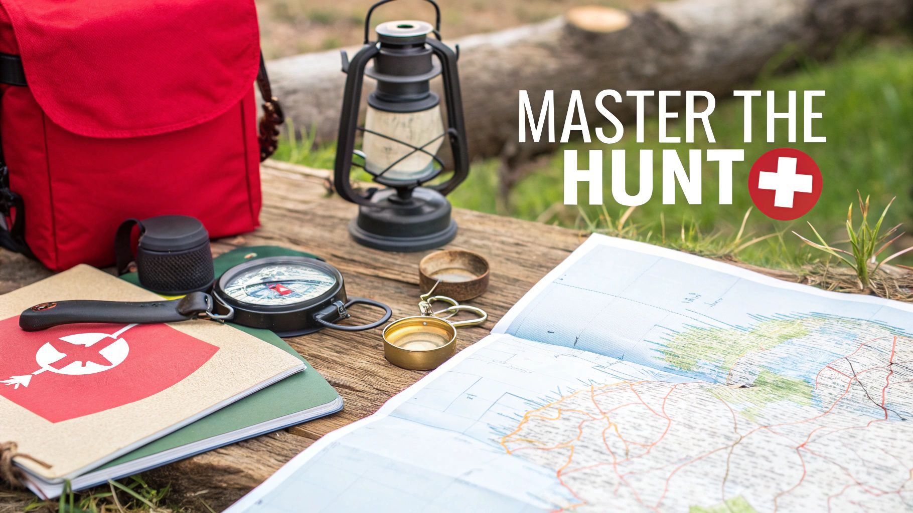 Outdoor adventure gear including a map, compass, lantern, and backpack on a rustic wooden table.