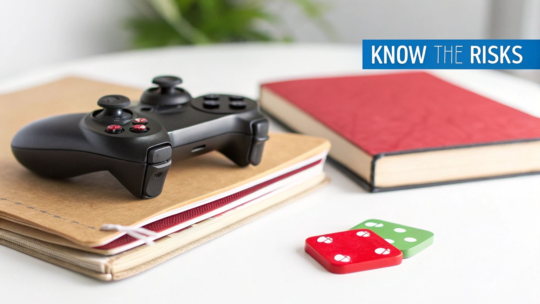 A black gaming controller rests on books, with a red book and game pieces nearby, and a 'KNOW THE RISKS' banner.