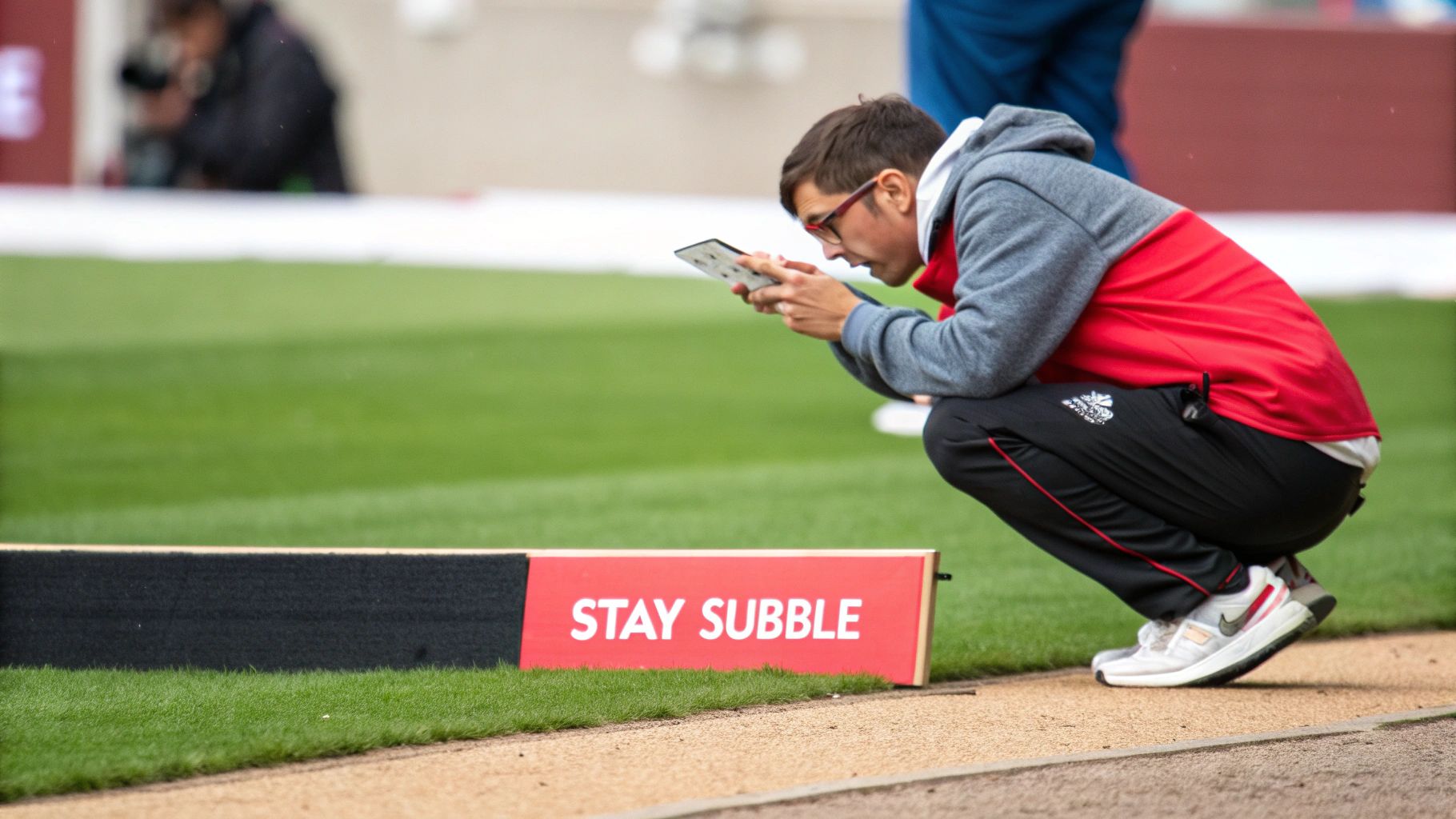 A man in a hoodie and glasses squats by a track, intently viewing a tablet next to a 'STAY SUBBLE' sign.