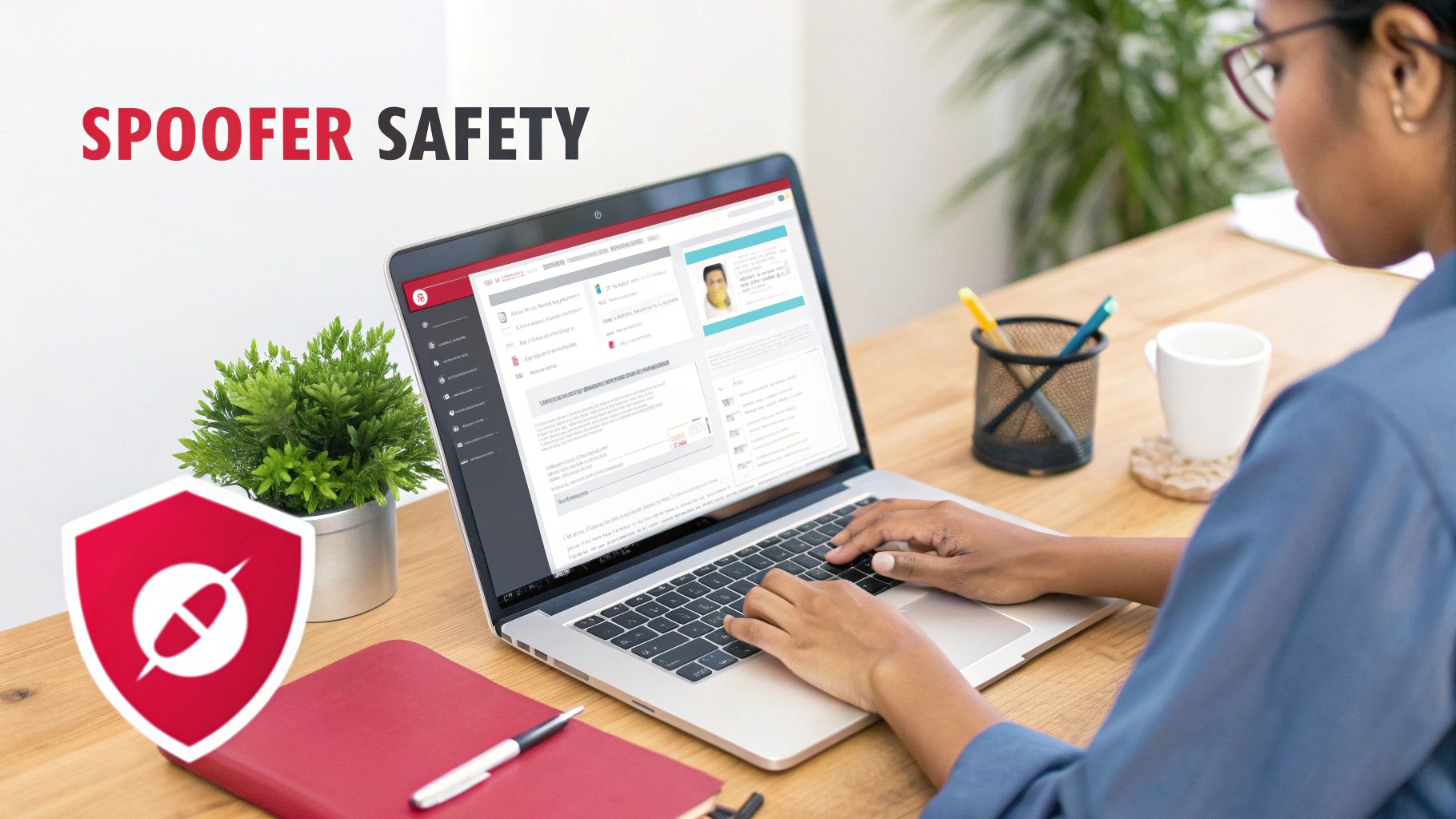 A person works on a laptop displaying a security interface with 'Spoofer Safety' text and a protective shield logo.