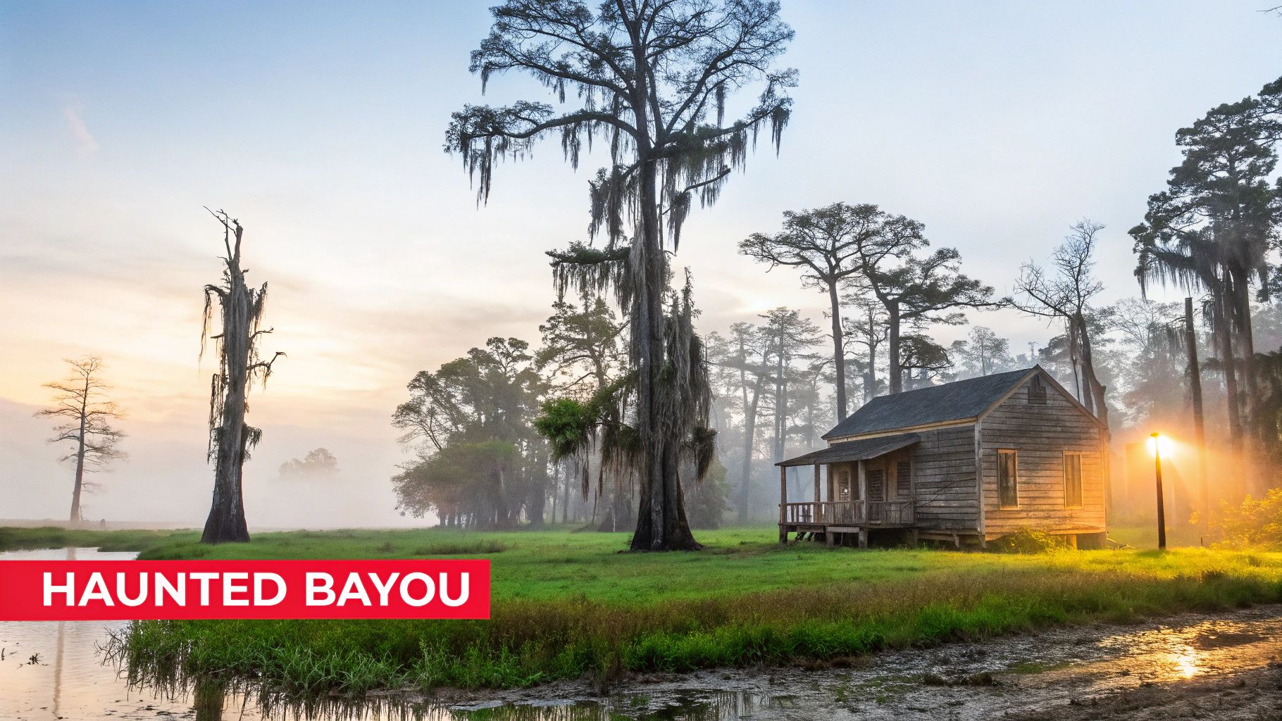 Misty bayou scene with a rustic wooden house, towering moss-draped trees, and a glowing lamp.