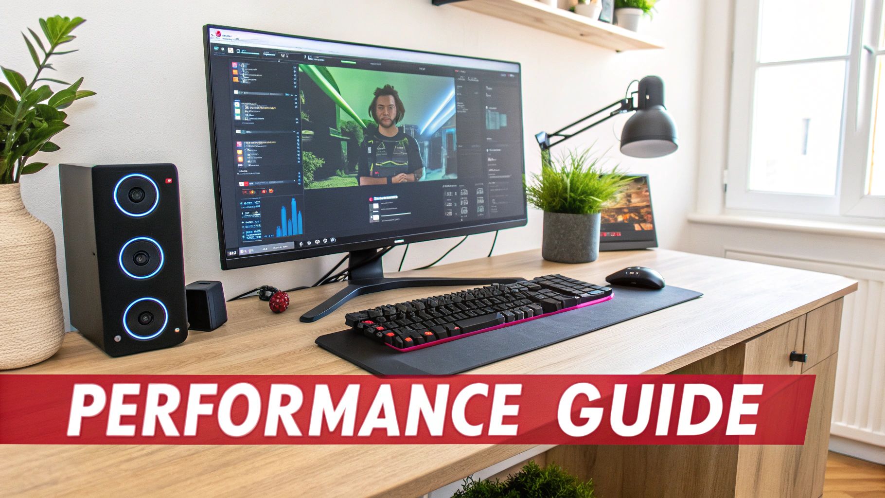 A modern gaming desk setup featuring a large monitor displaying a video game, keyboard, mouse, and speakers.