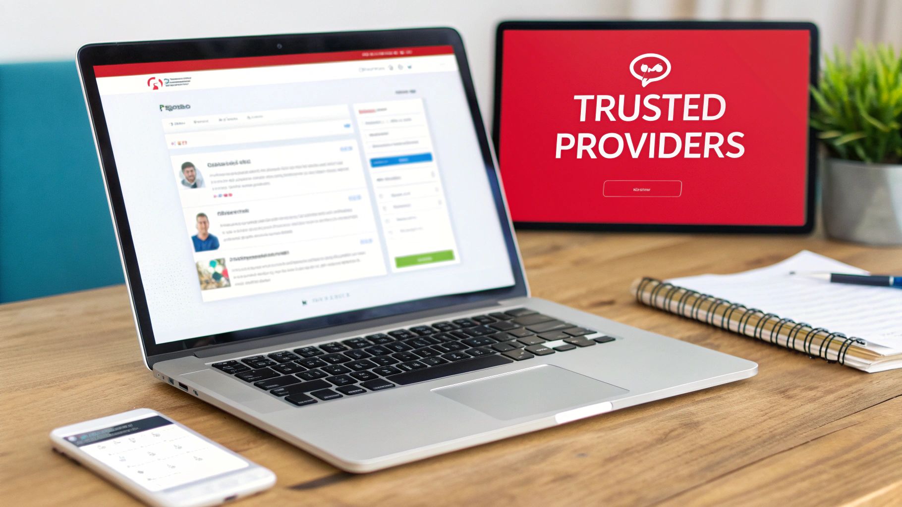 A desk setup featuring a laptop displaying an online platform, a tablet with 'Trusted Providers', a smartphone, and a notebook.