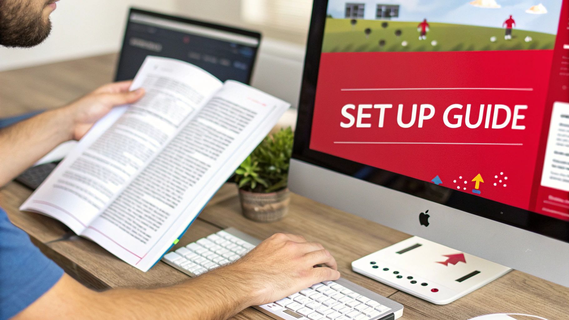 A person with a beard reads a physical book, while working on a computer with a 'SET UP GUIDE' displayed.