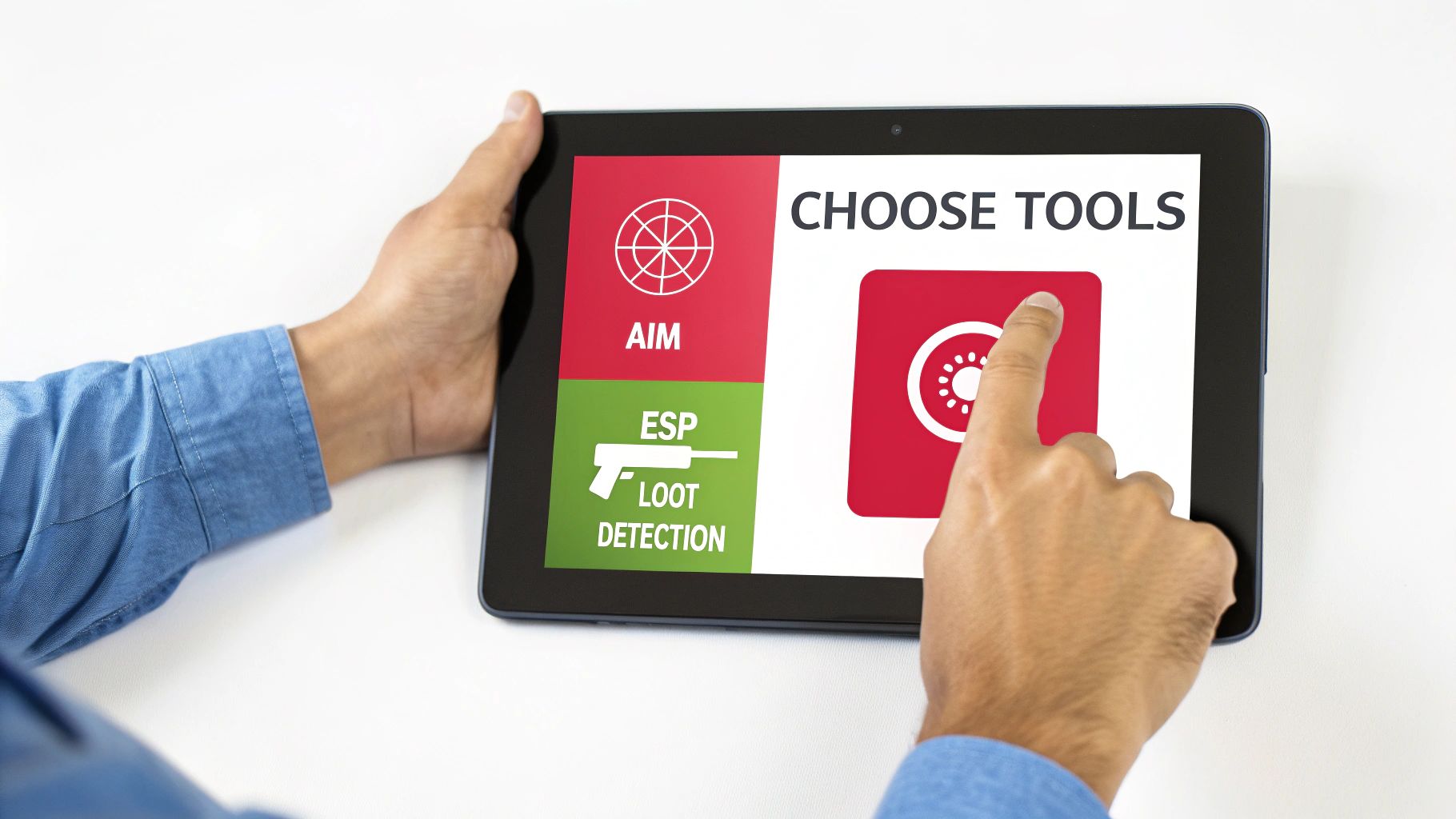 Hands hold a tablet showing 'CHOOSE TOOLS' with gaming cheat options like AIM and ESP.
